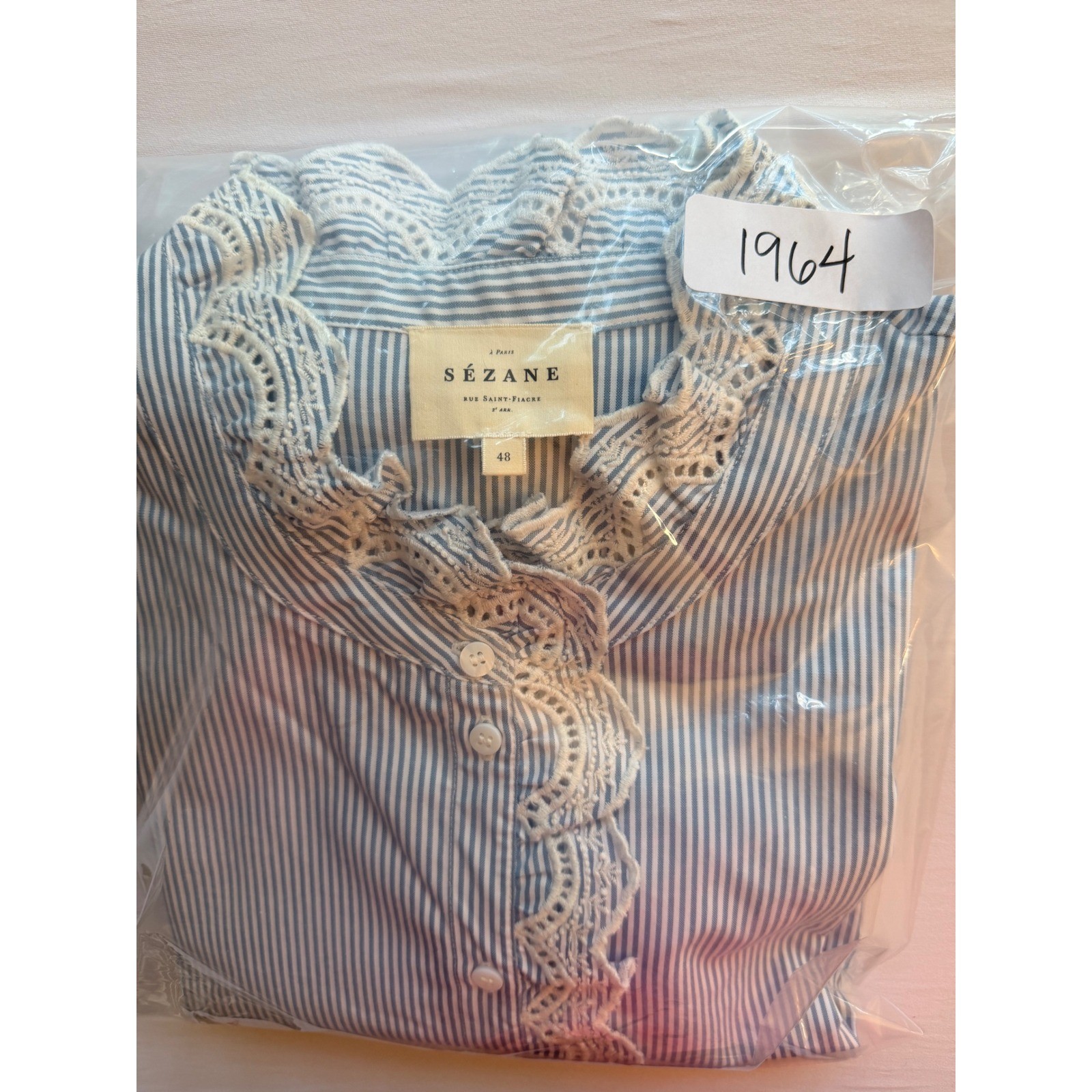 SÉZANE Blue Striped Chlo Blouse Lace Trim Romantic Cottagecore Shirt US Size 16