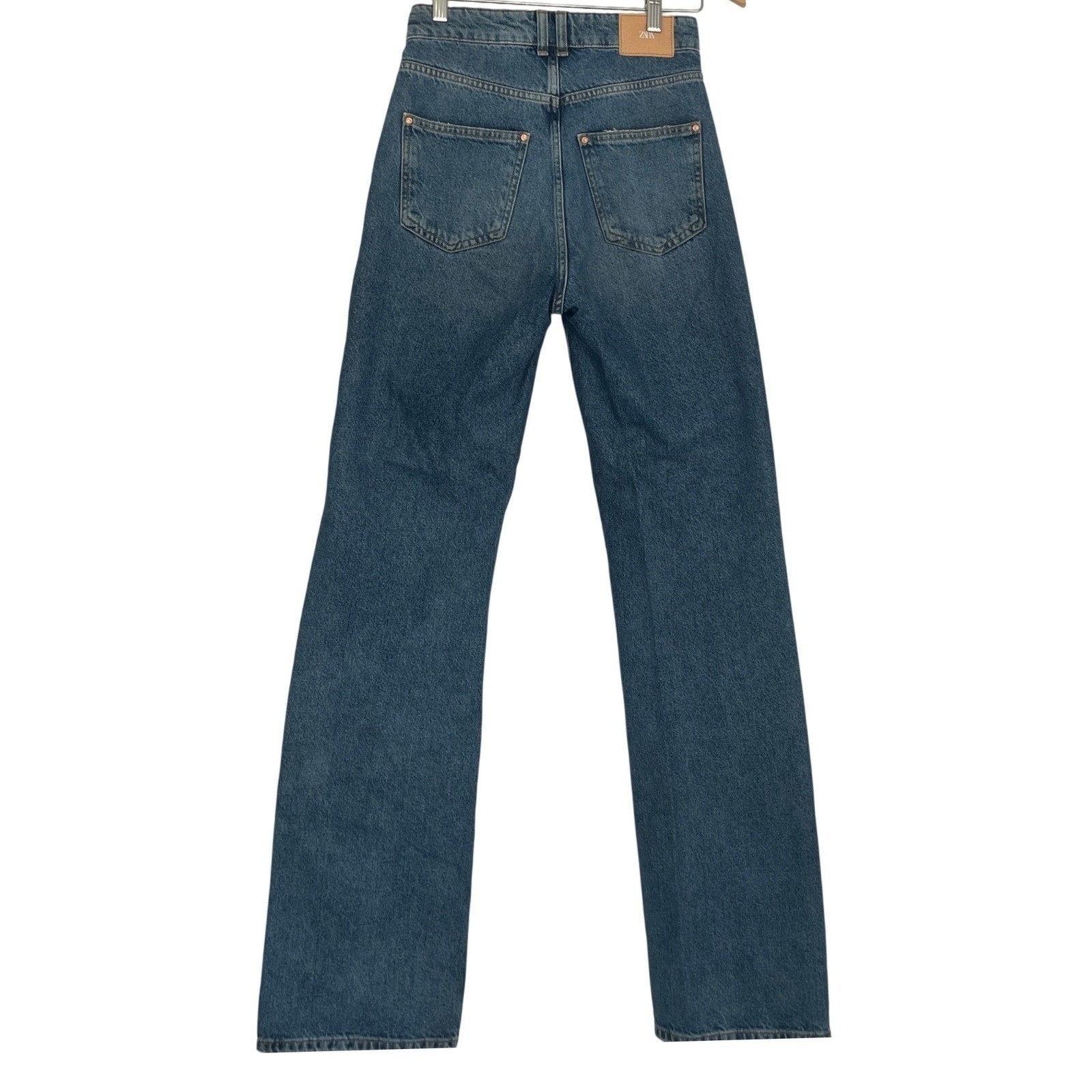 ZARA High Waist Straight Leg Distressed Blue Jeans 2 26×33 Tall 90s Grunge Y2K