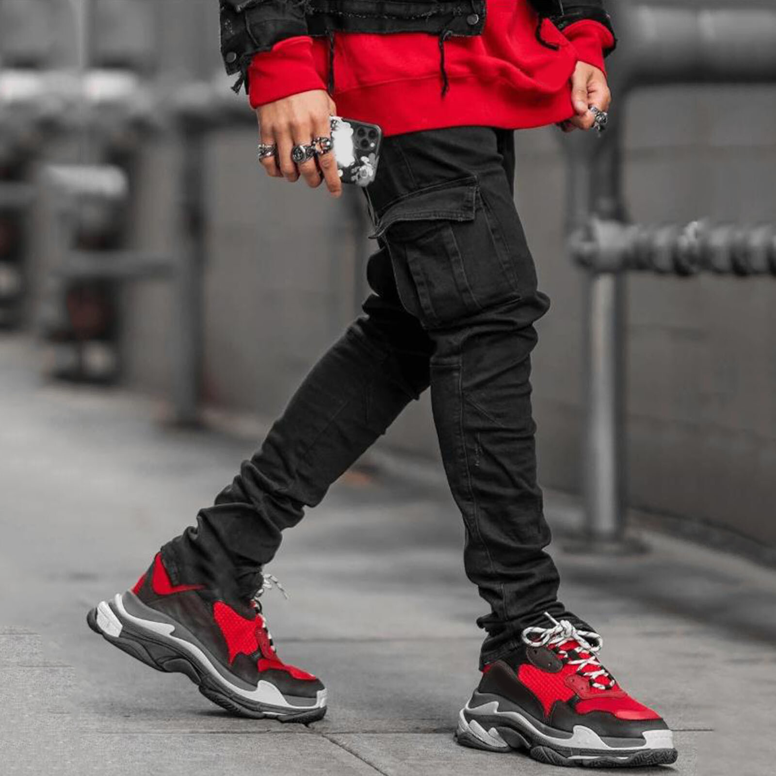Large SIze Mens Soild Straight Hole Buckle Zipper Middle Waist Denim Long Pants