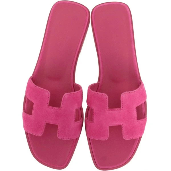New Auth HERMES ORAN SANDAL Velor Chevre leather Pink Flat 37 size Women