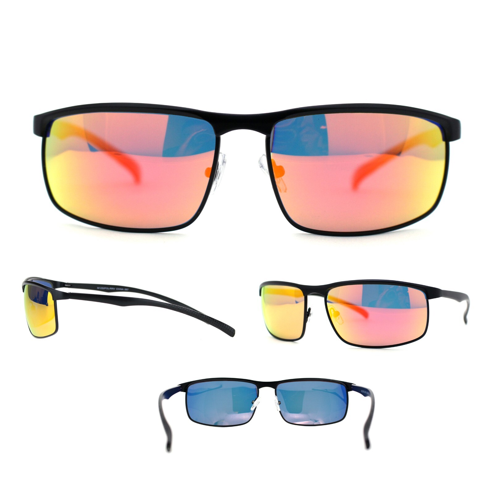 Color Mirror Polarized Mens Metal Rim Sport Rectangle Sunglasses Black Orange