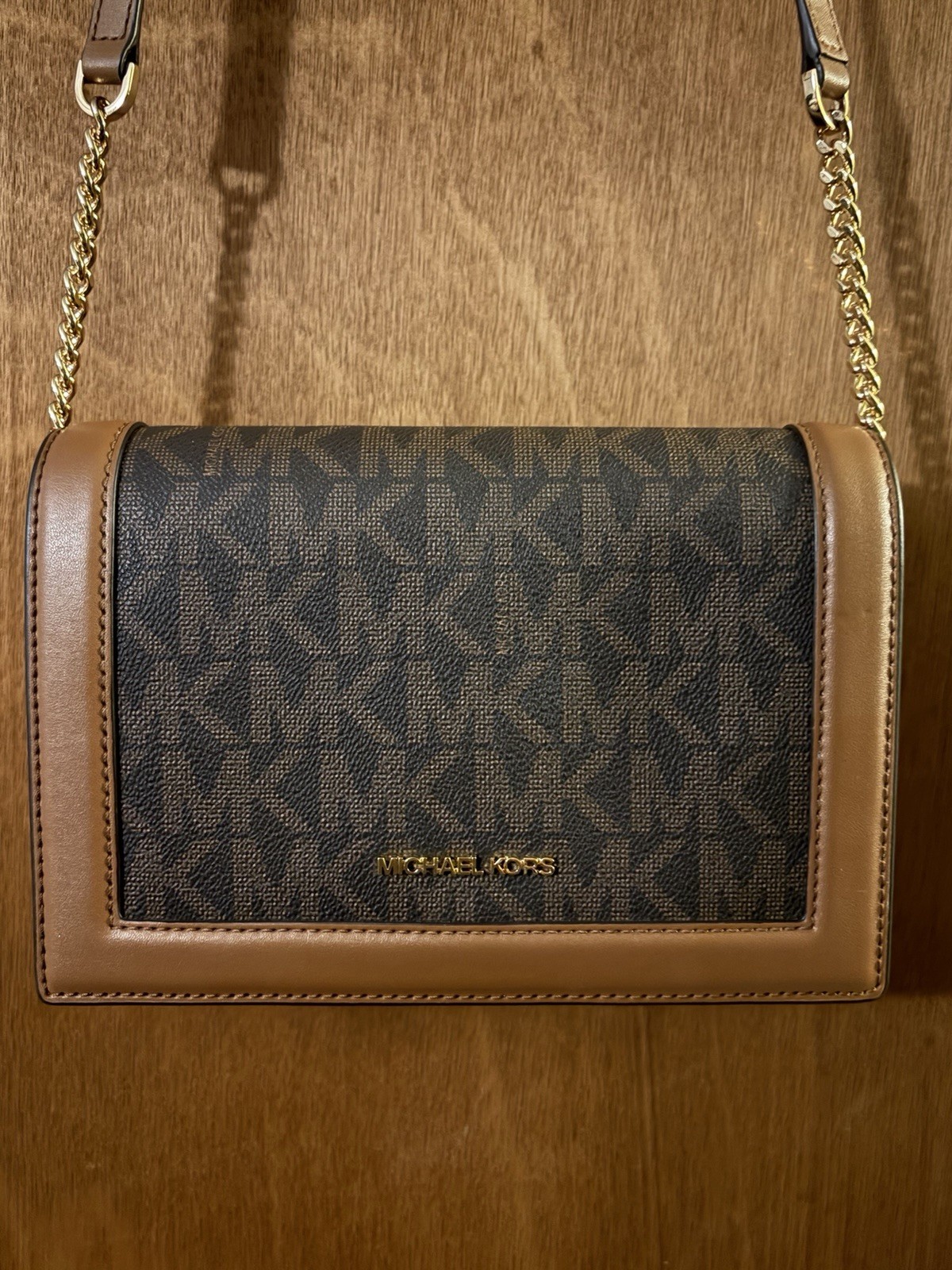 Michael Kors Crossbody Purse Small Brown Gold Tone with MK Logo