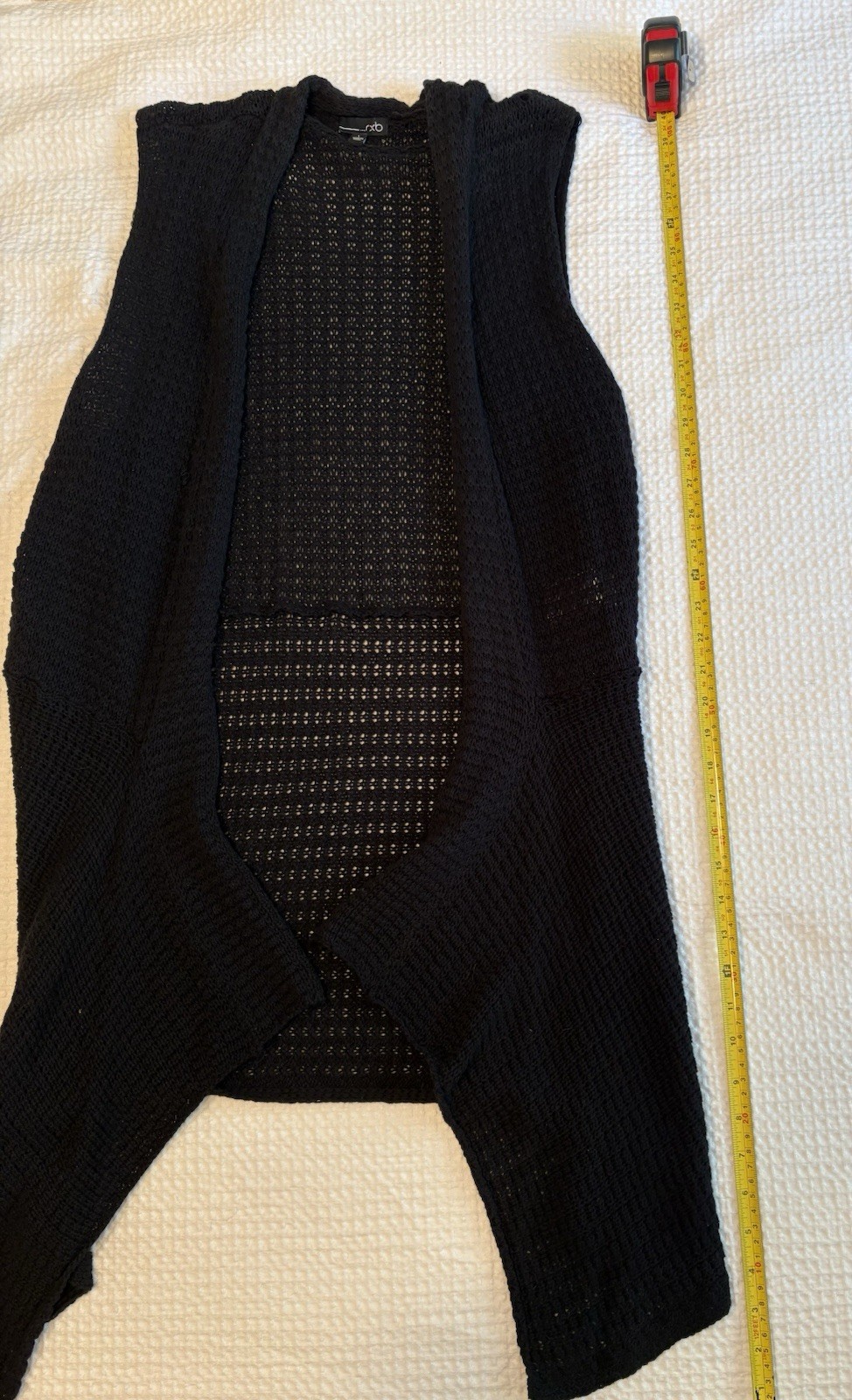 RXB Womens Large Black Open Knit Duster Vest Longline Open Front Boho Layering