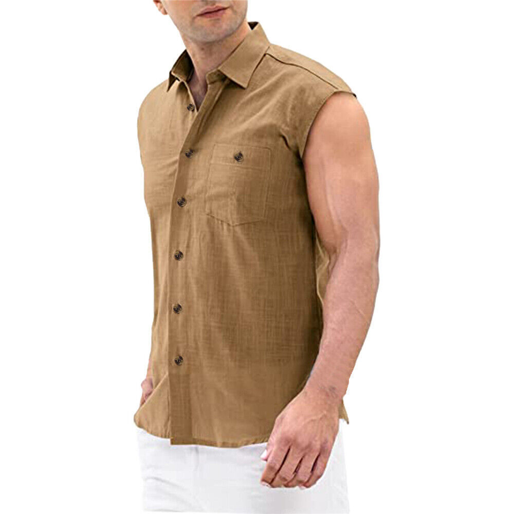 Men Solid Sleeveless Button Down Shirt with Chest Pockets Breathable Tank Top