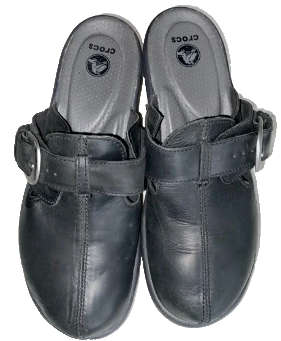 Crocs Sz 9 M Black Leather Buckle Studs Platform Clogs Heels Shoes