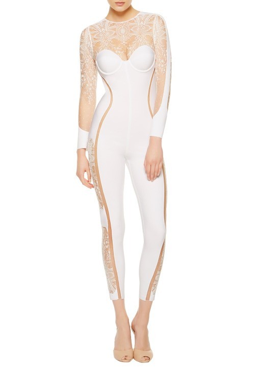 LA PERLA White Floral Lace NEOPRENE Scuba DESIRE Jumpsuit Catsuit US-10 IT-46