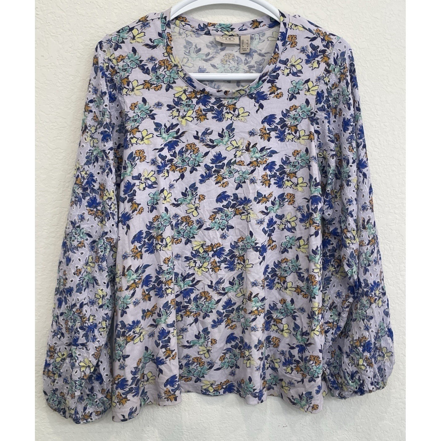 LOGO Lori Goldstein Top Women’s XS Purple Floral Eyelet Sleeve Flowy Blouse