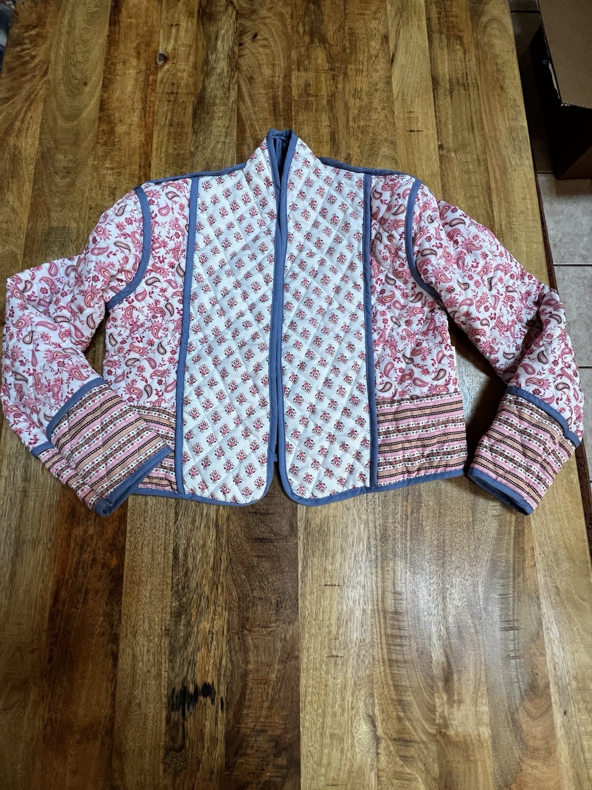 Women Reversible Quilted Cropped Jacket Open Front Boho Cottagecore Floral Sz S