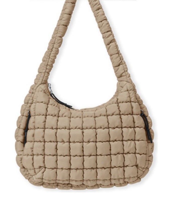 Tan Lt Brown Oversized Slouchy Quilted Puffer Puffy Hobo Tote Bag