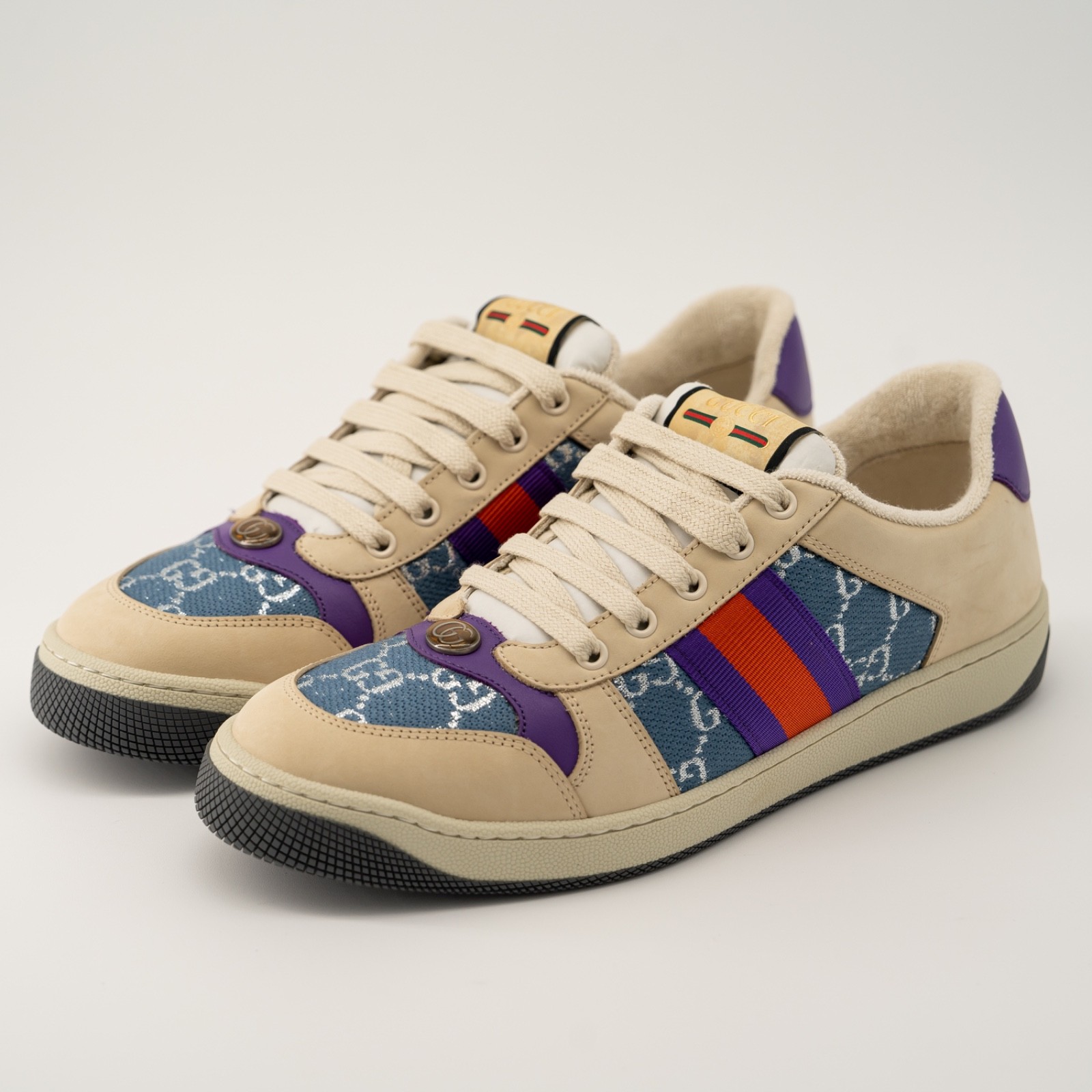 size 41.5G 11.5 US Gucci Screener Enamel Aged Sneakers Beige Blue Red