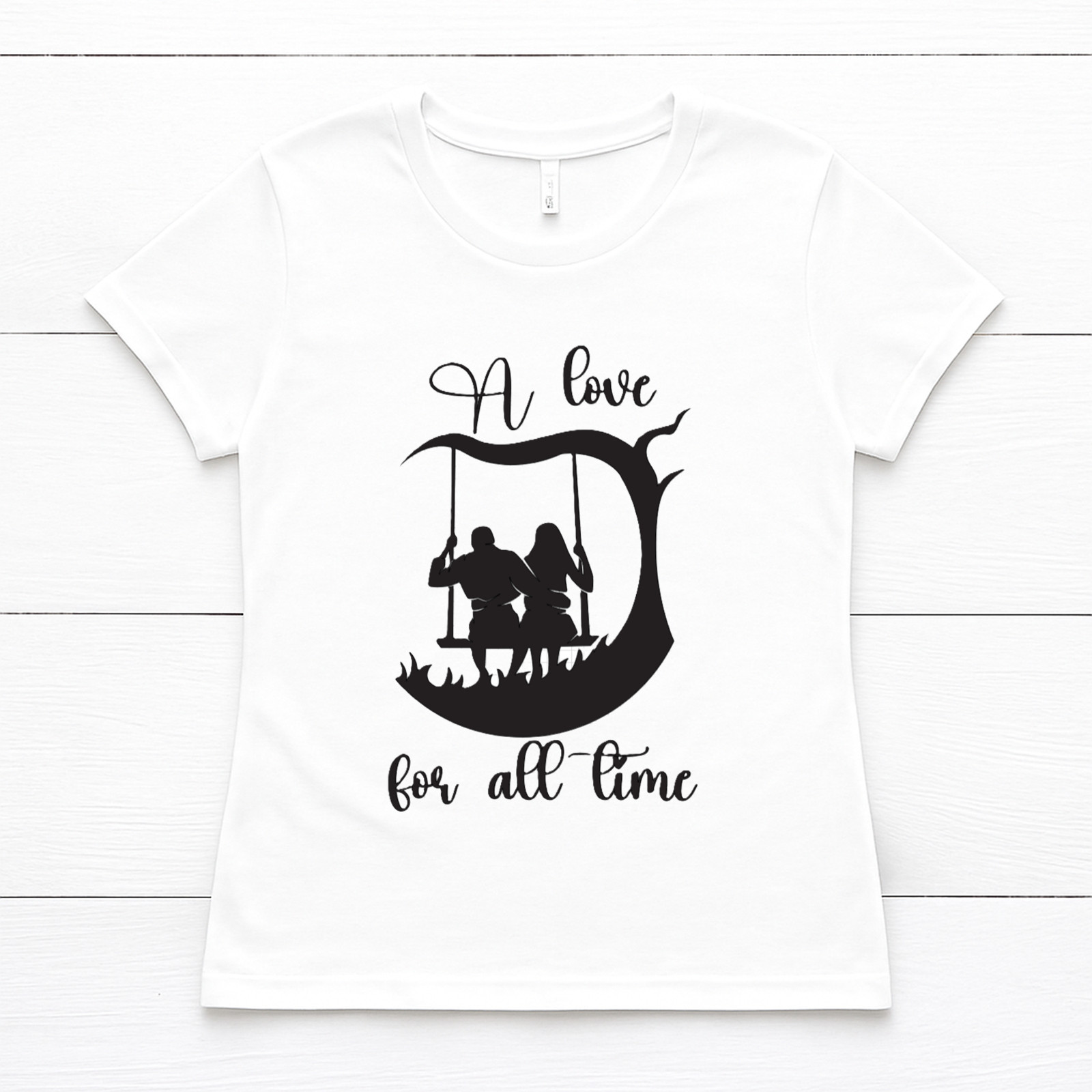“A Love For All Time” Womens’ White Tee with Romantic Graphic | Womens’ Graphic