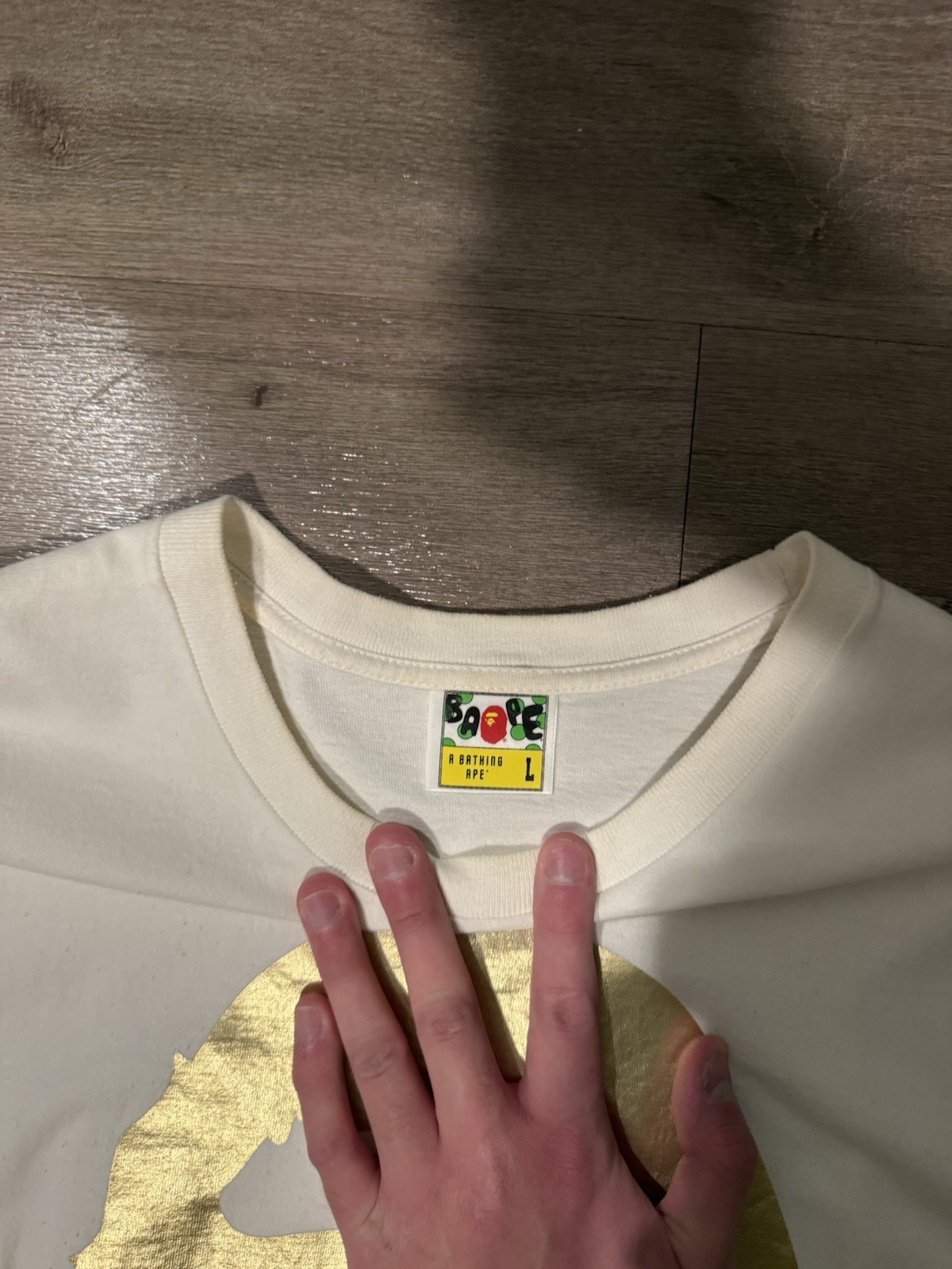 BAPE A Bathing Ape Gold Foil Ape Head T-Shirt White Size L Front Back Graphic