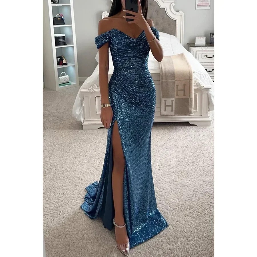 Women Off Shoulder Sequin Mermaid Prom Dress Long Slit Formal Evening Party Gown