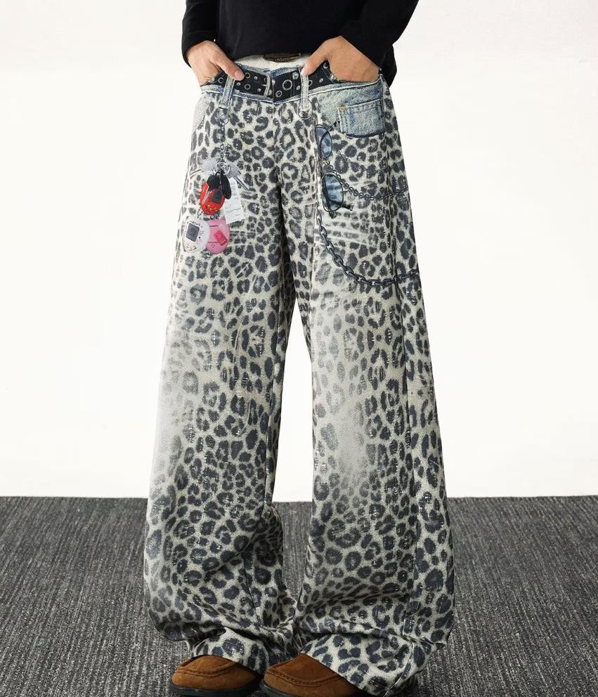Men’s Leopard Denim Jeans Straight Leg Casual Pants Casual Punk Hip Hop Fashion