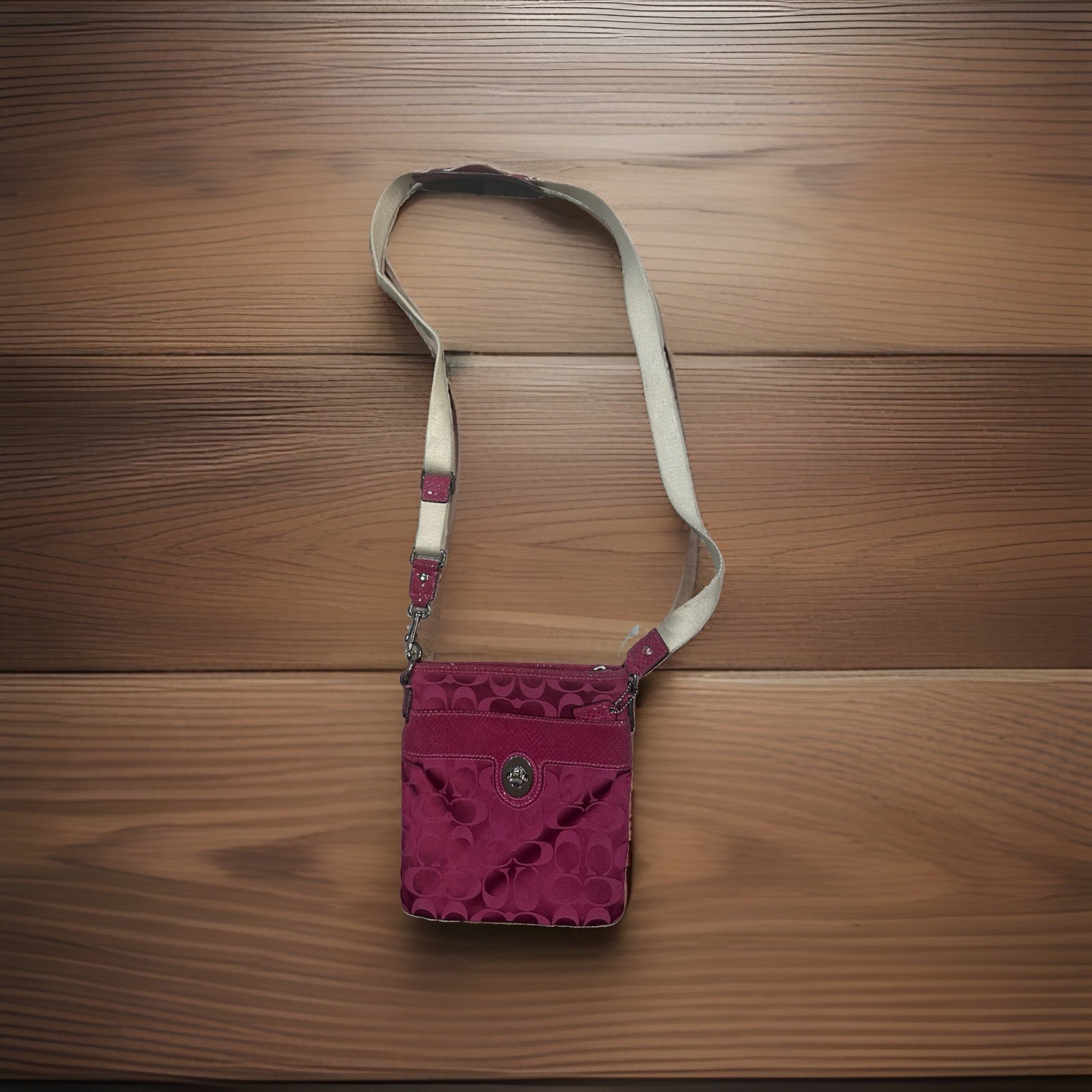 Coach Signature Logo Crossbody Style Pink/Tan Canvas & Nylon Bag# J0982 – 43457