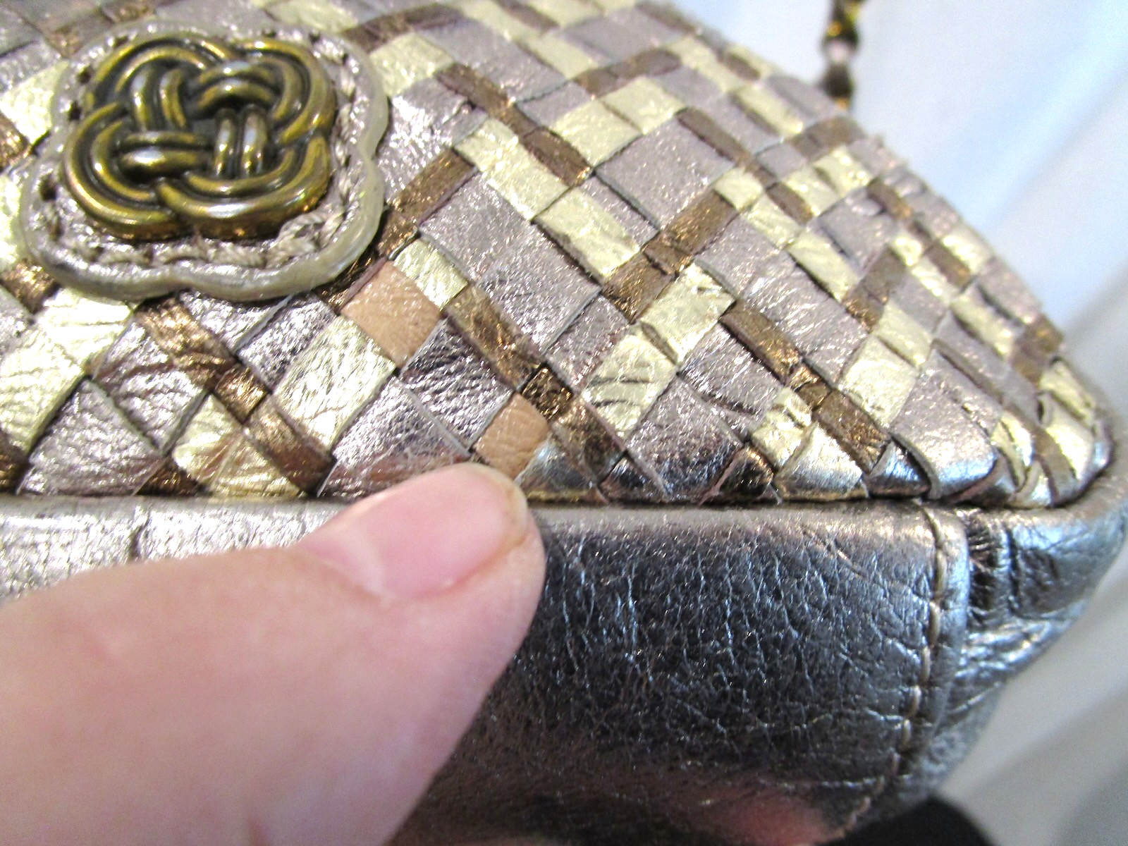Elliott Lucca Small Silver, Gold Metallic Woven Leather Crossbody Purse