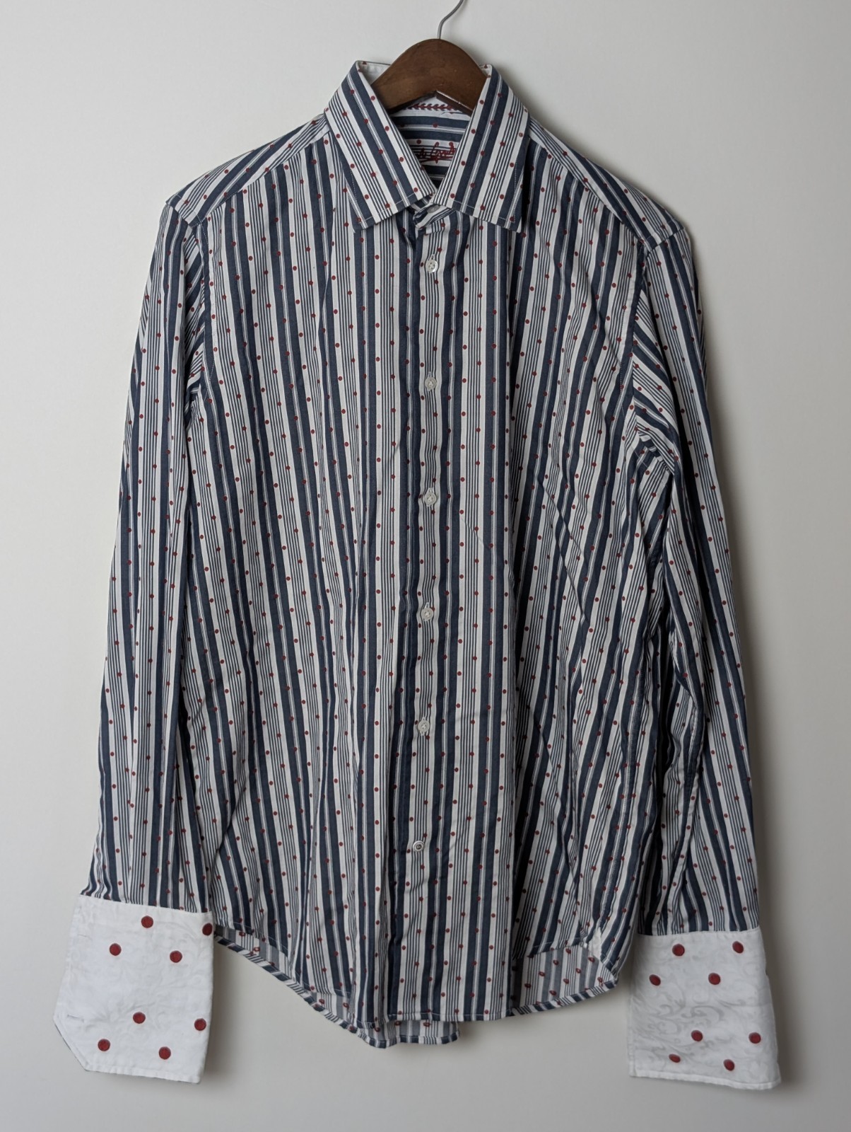 Men’s Striped Dress Shirt 15.5 39 M Blue Red Dots 100% Cotton Contrast Cuffs