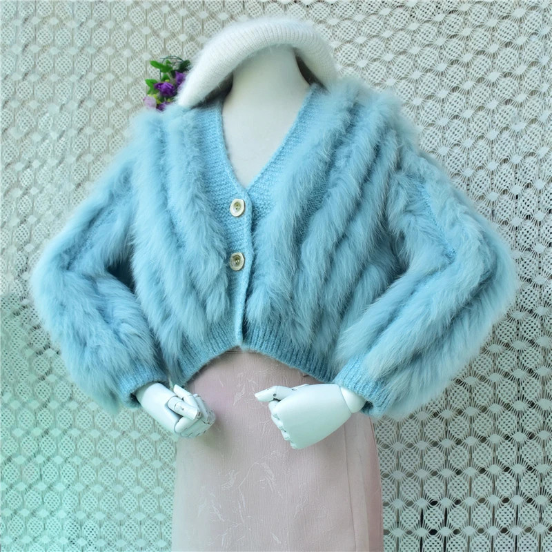 Women Fashion Blue Fox Fur Striped Crop Top V-Neck Loose Cardigans Sweater Coat