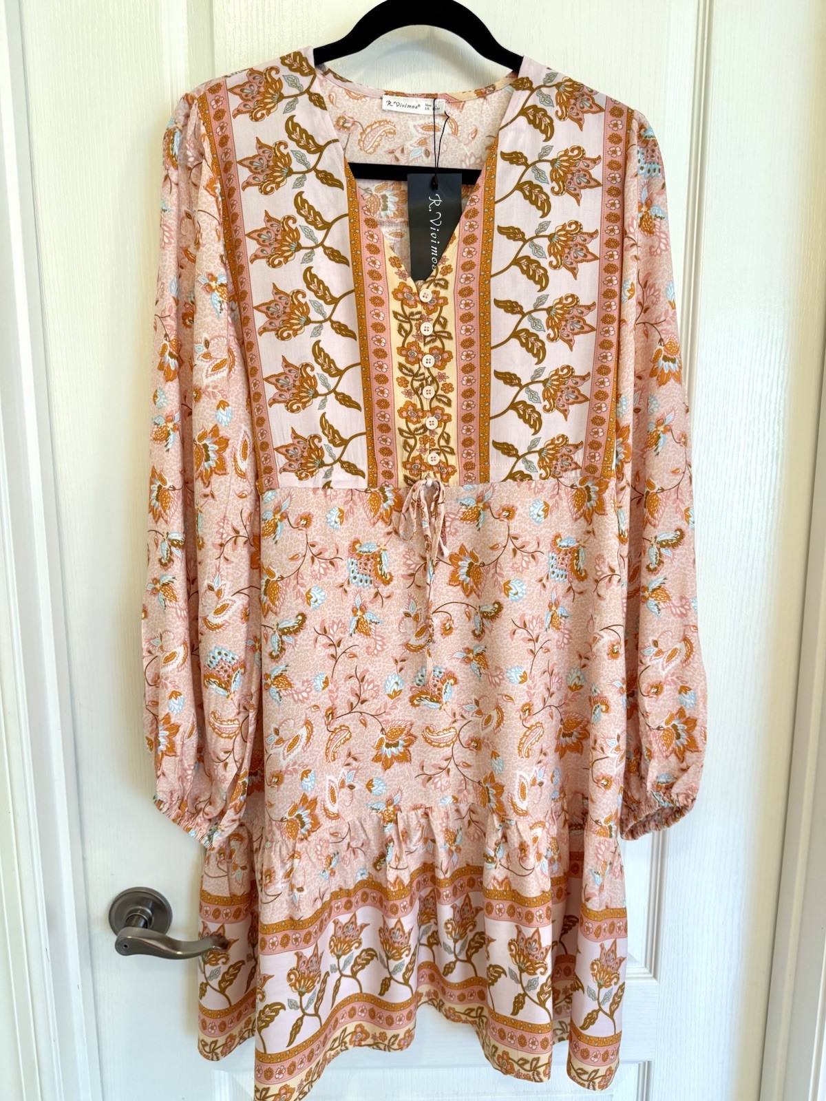 NWT R Vivimos Dress Large 12/14 Peach Pink Floral Prairie Peasant Bohemian