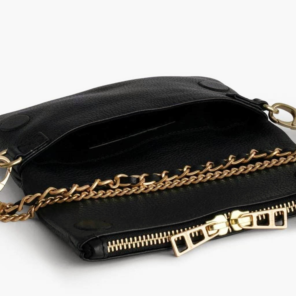 Zadig & Voltaire Rock Wing Black Gold Pebbled Leather Shoulder Bag 21×13×3cm