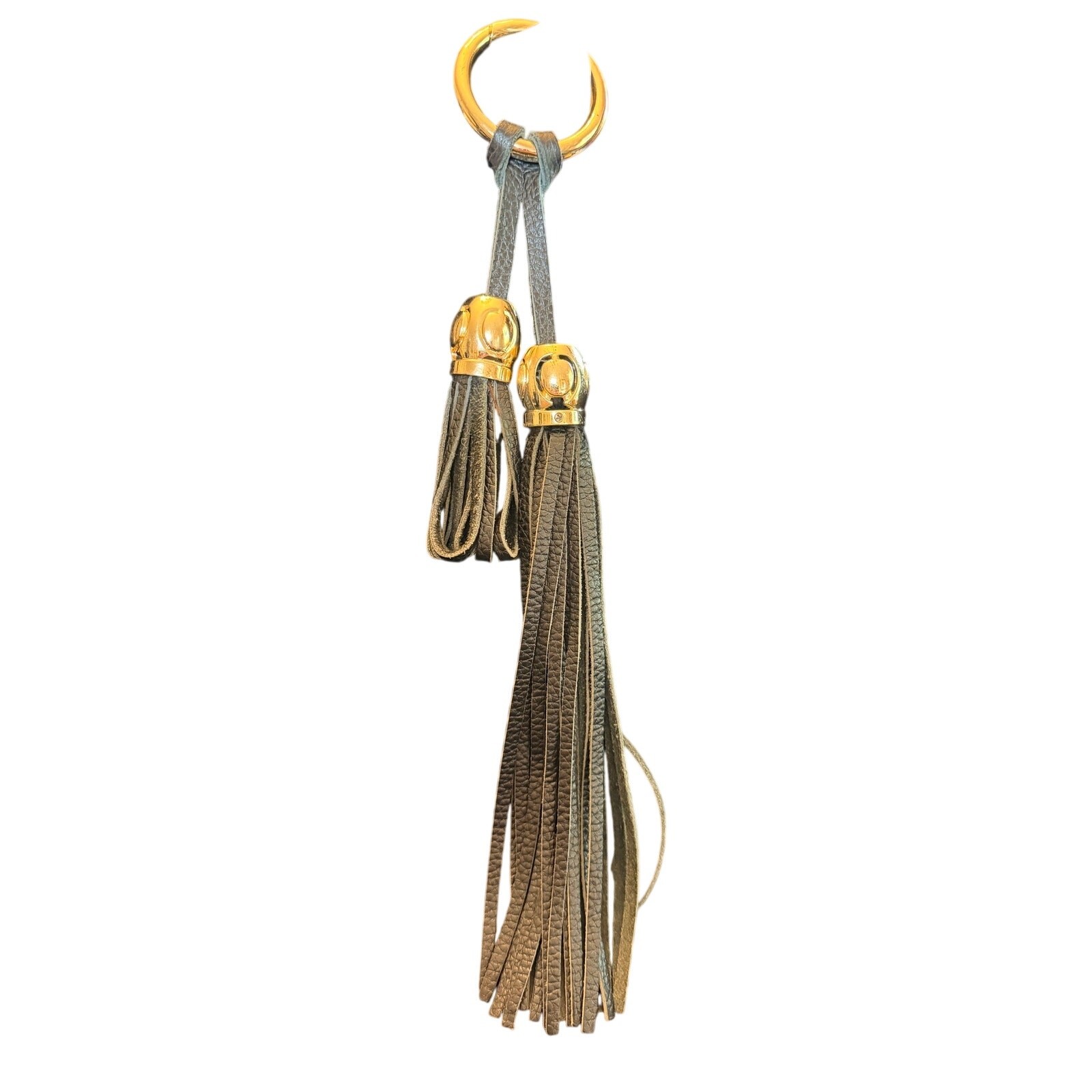 Chic black double leather fringe tassel bag charm keychain gold o-ring 12.75”