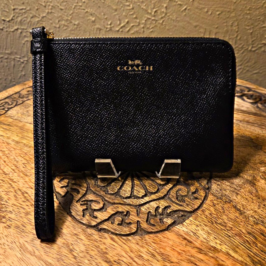 Coach Black Logo Zip Wristlet Wallet w/ Wrist Strap & Credit Card Slots