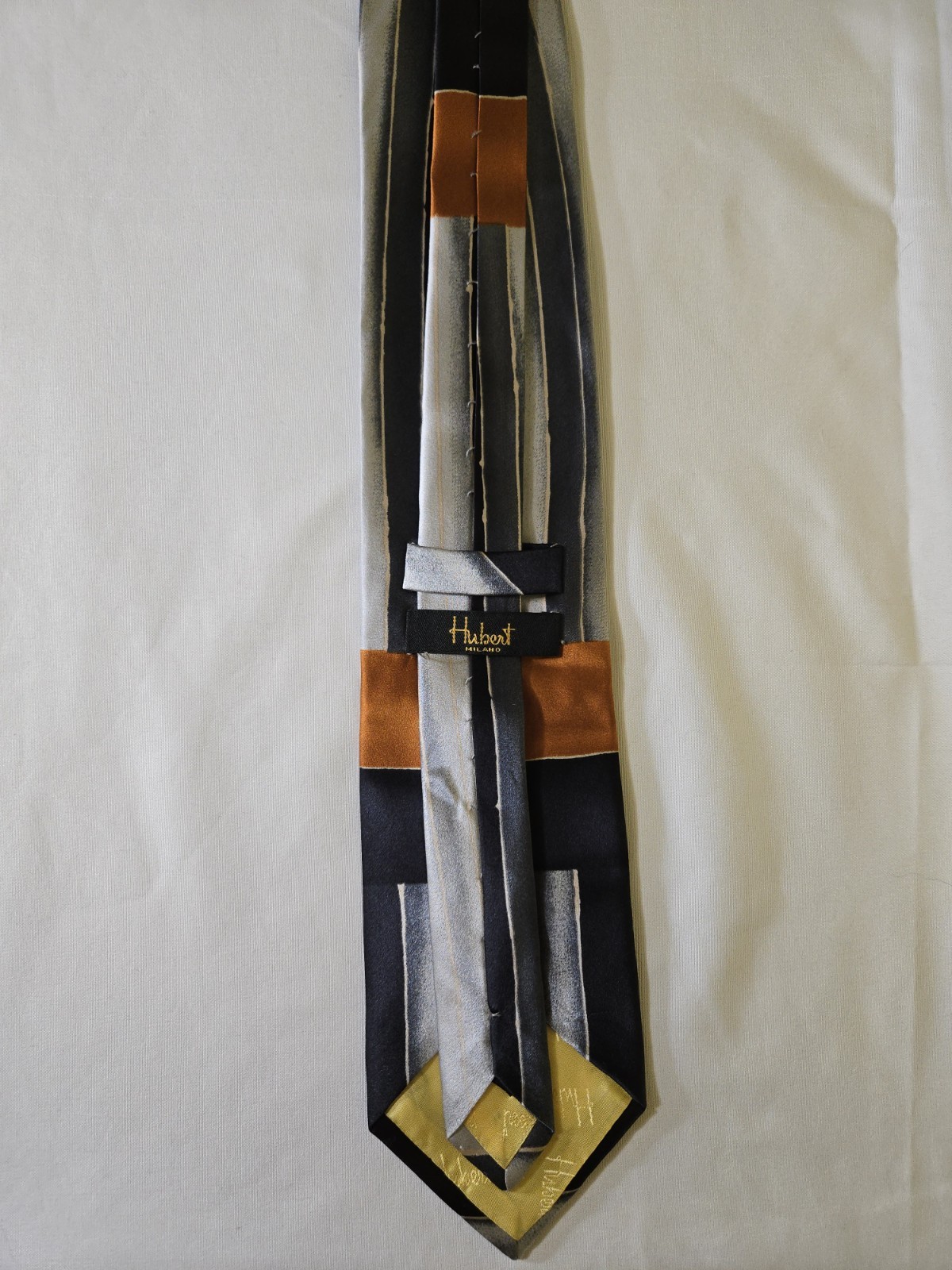 Hubert Milano Men’s Silk Satin Striped Pointed Tie Black Gray Brown Gold