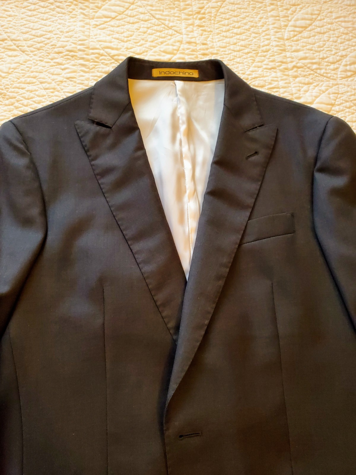 Mens 2 piece suit 36L 32×34 charcoal gray 120s wool tall thin peak lapel