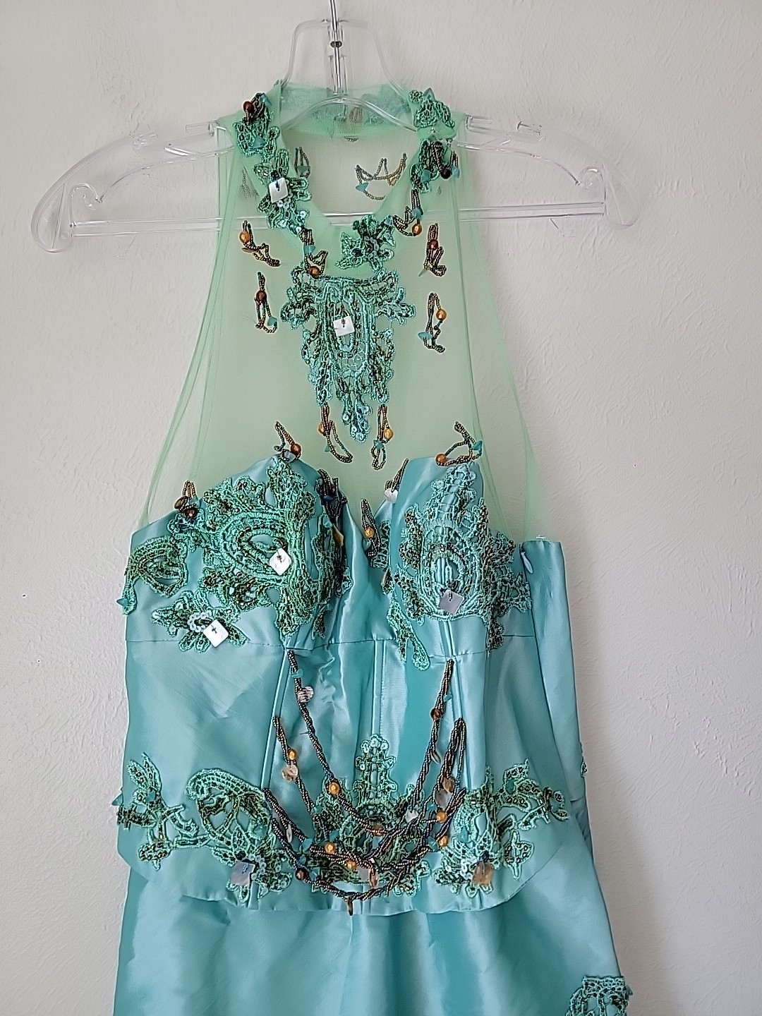 VTG Taffeta Formal Dress Size 8 Aqua Beaded Sleeveless Ruffle Tiered Prom