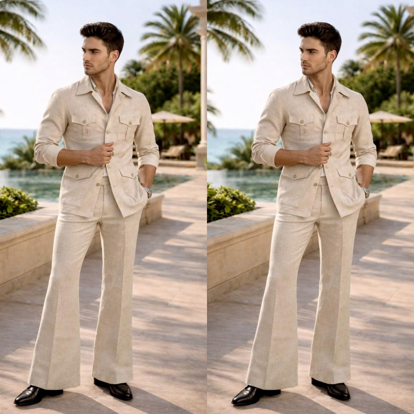 Linen Men’s Safari Jacket 2Pcs Beige Summer Casual Coat Leisure Beach Jacket