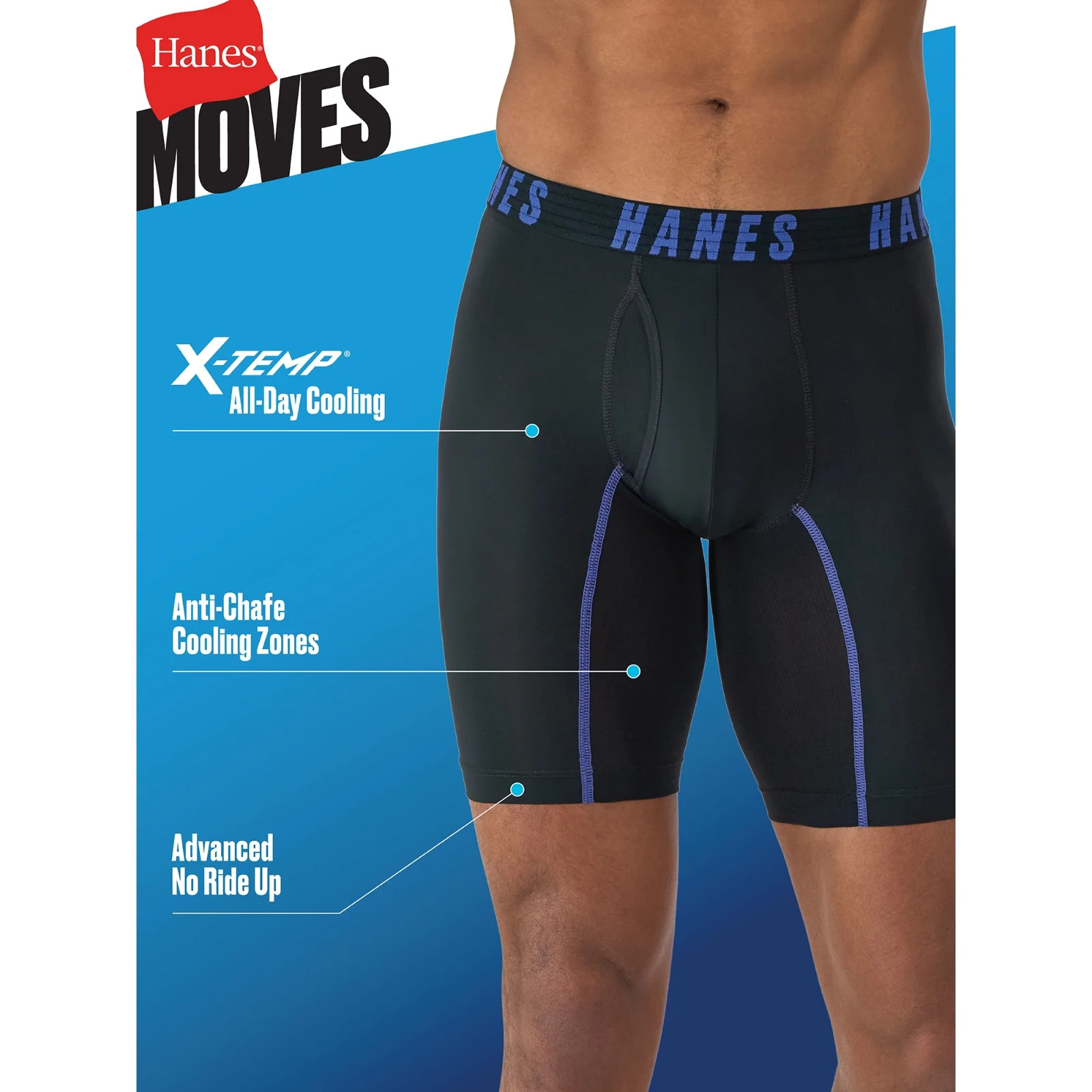 Hanes Moves X-Temp Performance Boxer Briefs 2XL 44-46 Mens 3 Pk Long Leg Tagless
