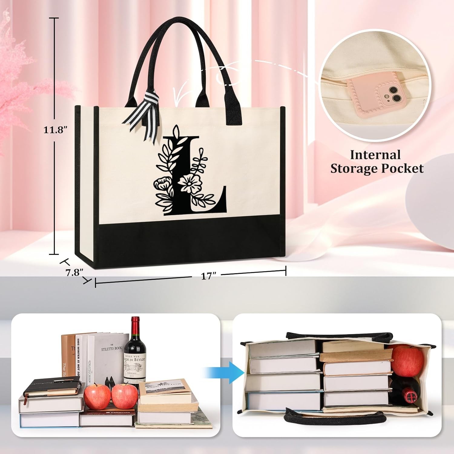 Personalized Initial Canvas Tote Bag, Suitable for Birthday, Wedding, Beach,…