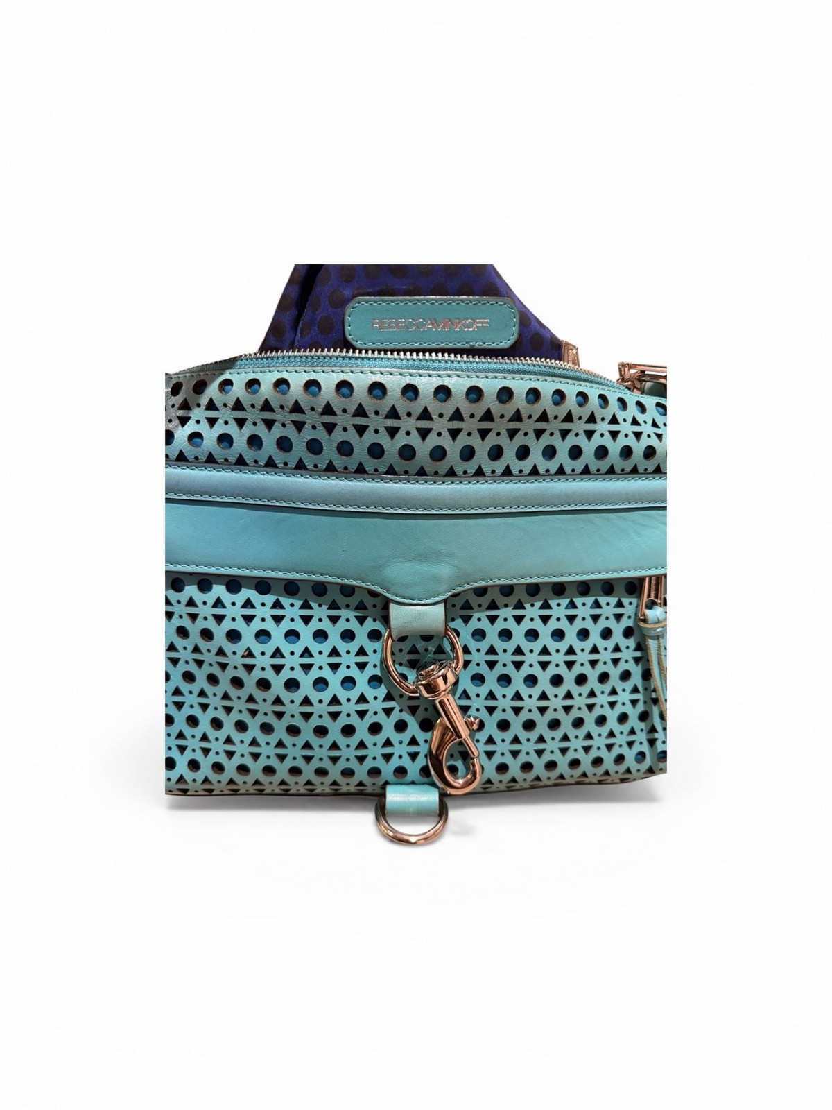 Rebecca Minkoff Perforated MAC Crossbody Bag Teal Blue Leather Chain Strap