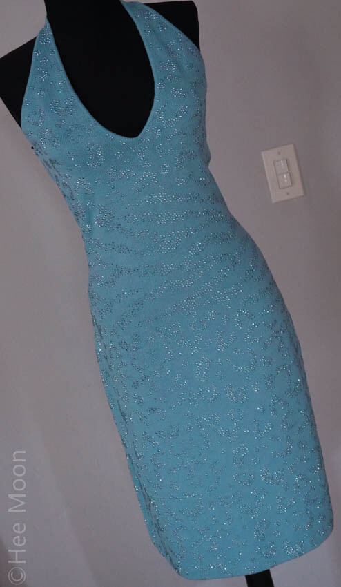 ST JOHN EVENING LIGHT AQUA BLUE W/ RHINESTONES BEDAZZLED Cocktail Dress SZ 6