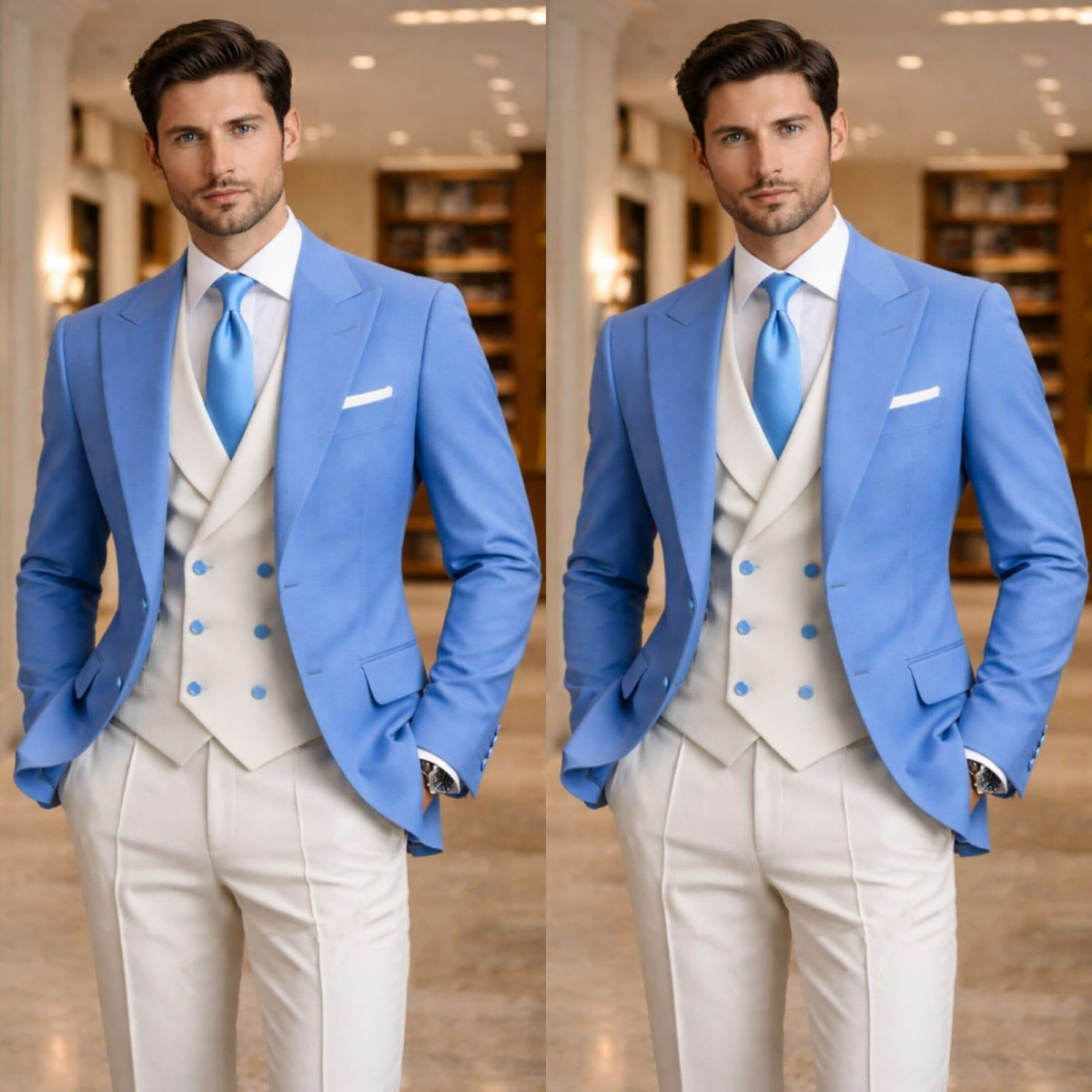 Peak Lapel Men’s Suits 3Pcs Blue Business Formal Tuxedos Workwear Jacket Coat