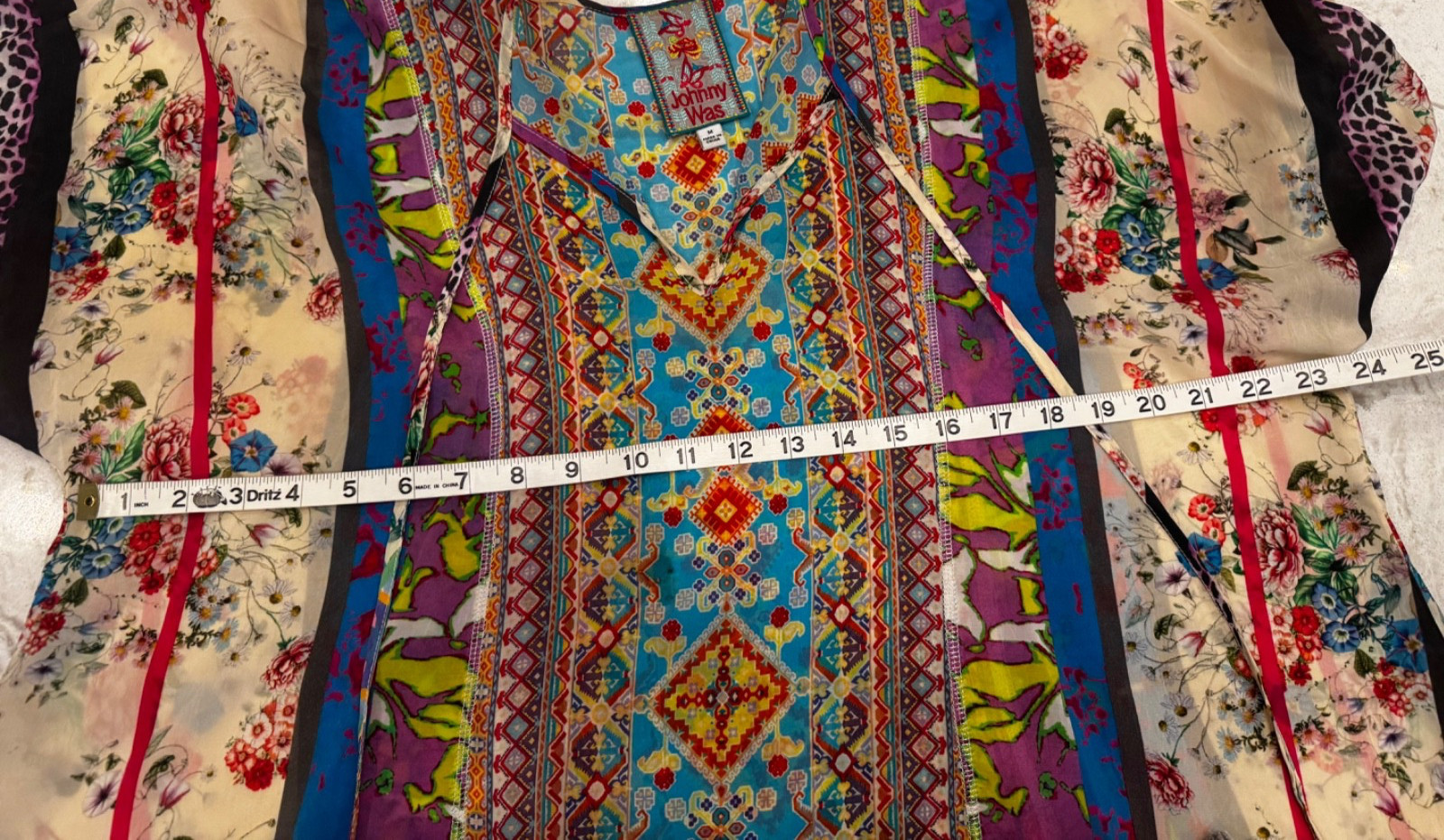 Johnny Was Mulit-color Dolman Sleeve Keyhole Tunic Lace Trim, Front Tie Top Size