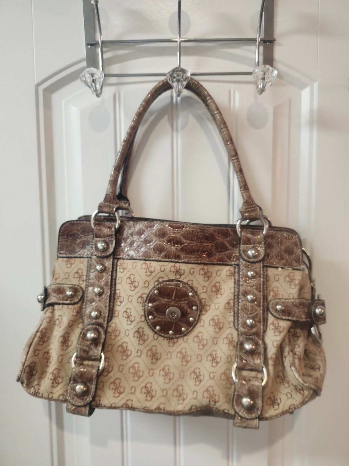 Y2K Guess Monogram Satchel Bag Brown Logo Print Faux Croc Studded McBling Purse