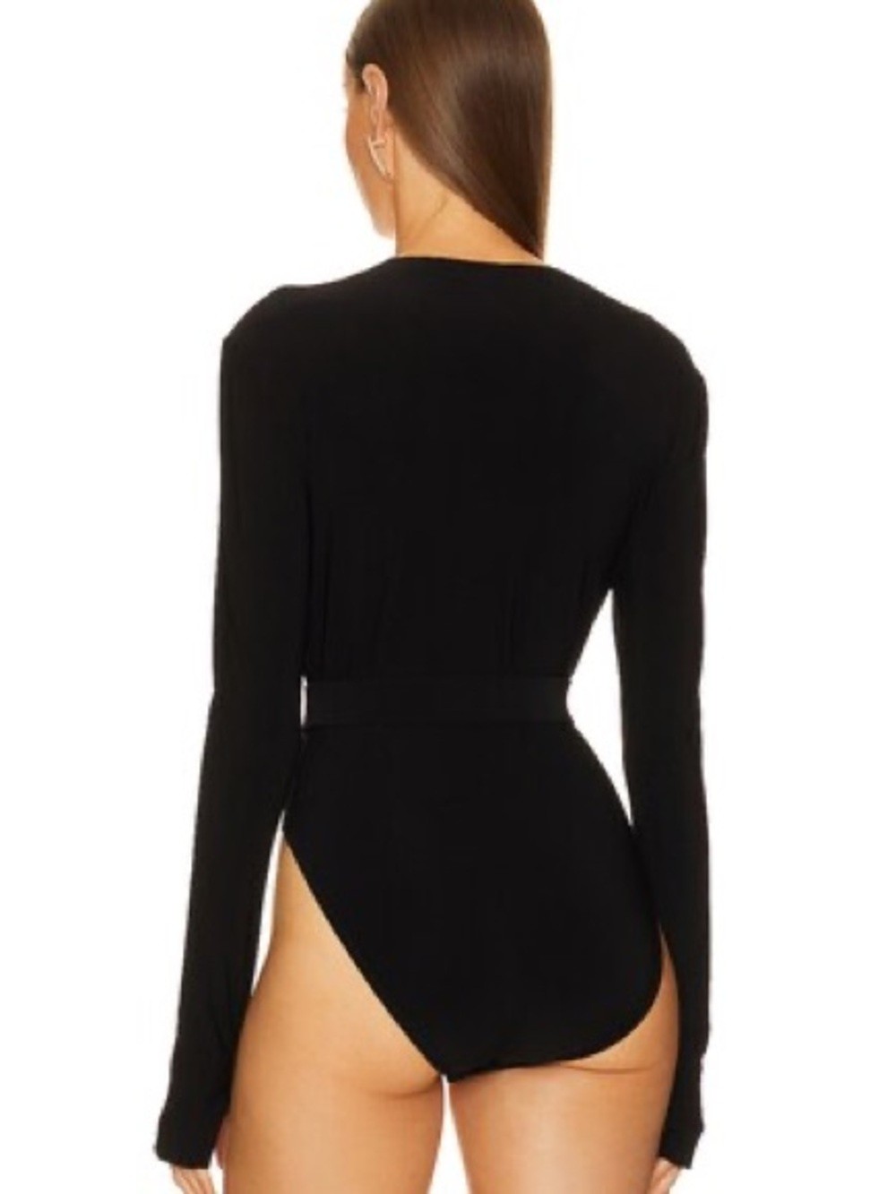 Norma Kamali Long Sleeve Deep U Neck Bodysuit Black Size S/36 NWT