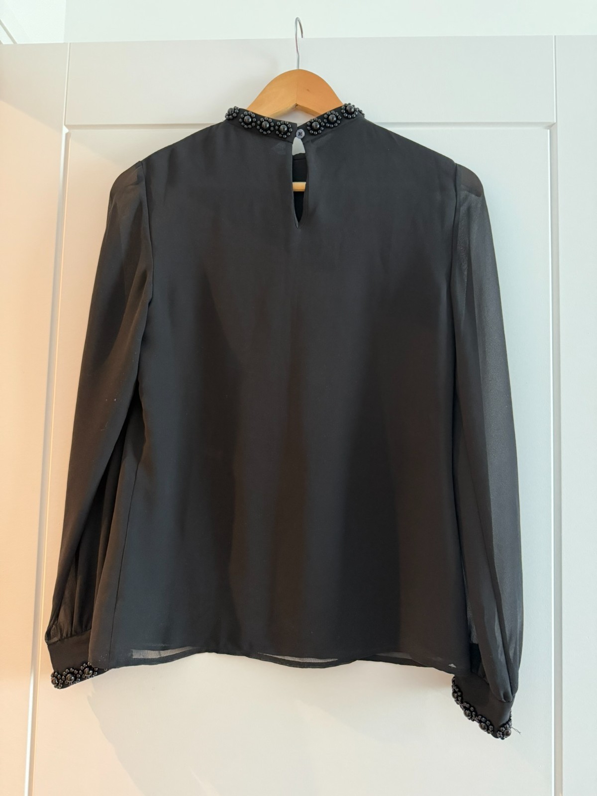 Ted Baker London Black Embellished Blouse Beaded Neckline Long Sleeve Size 0 UK