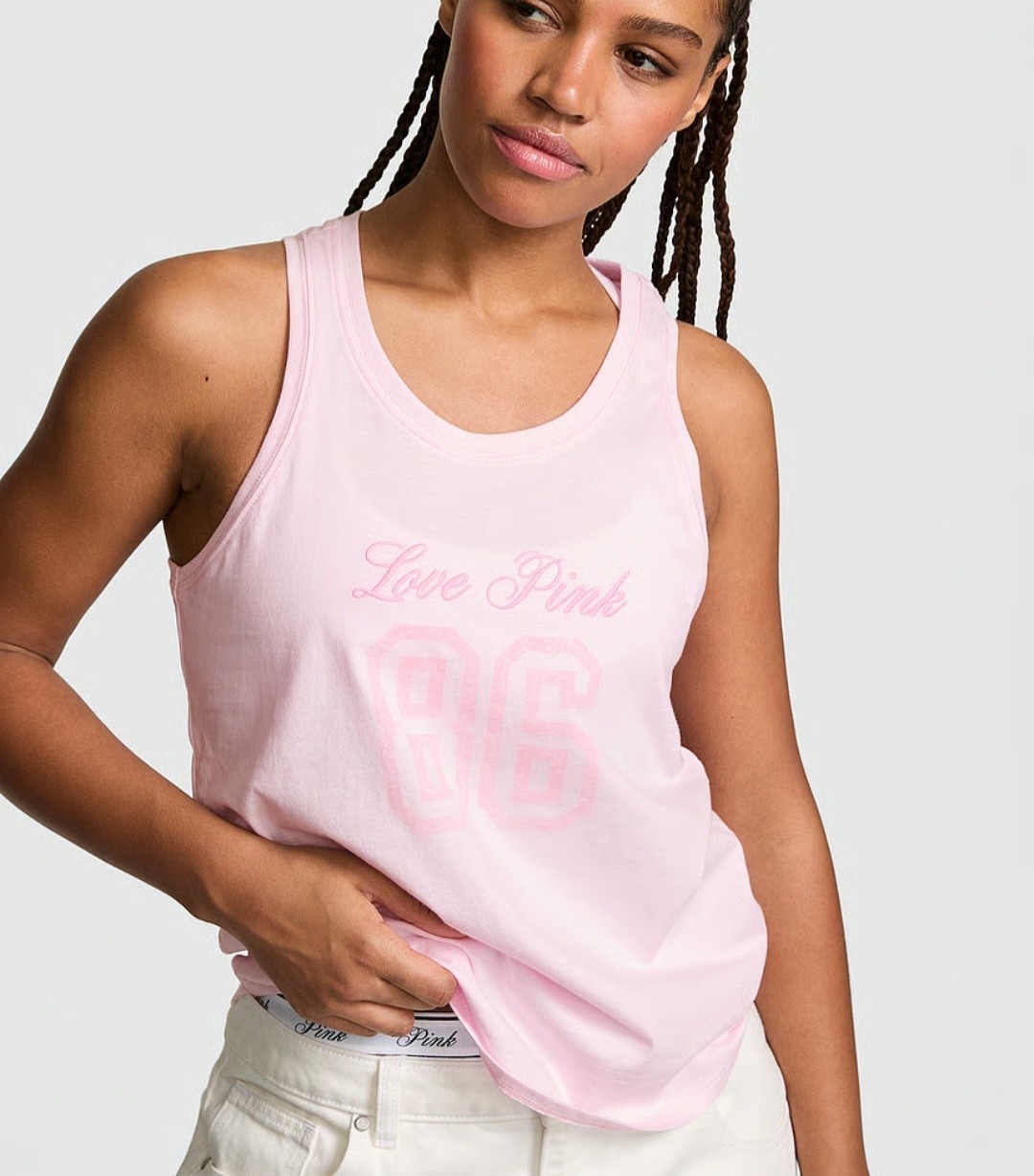 Victoria’s Secret PINK Campus Cotton Tank Top Embroidered Size S NEW Relaxed Fit