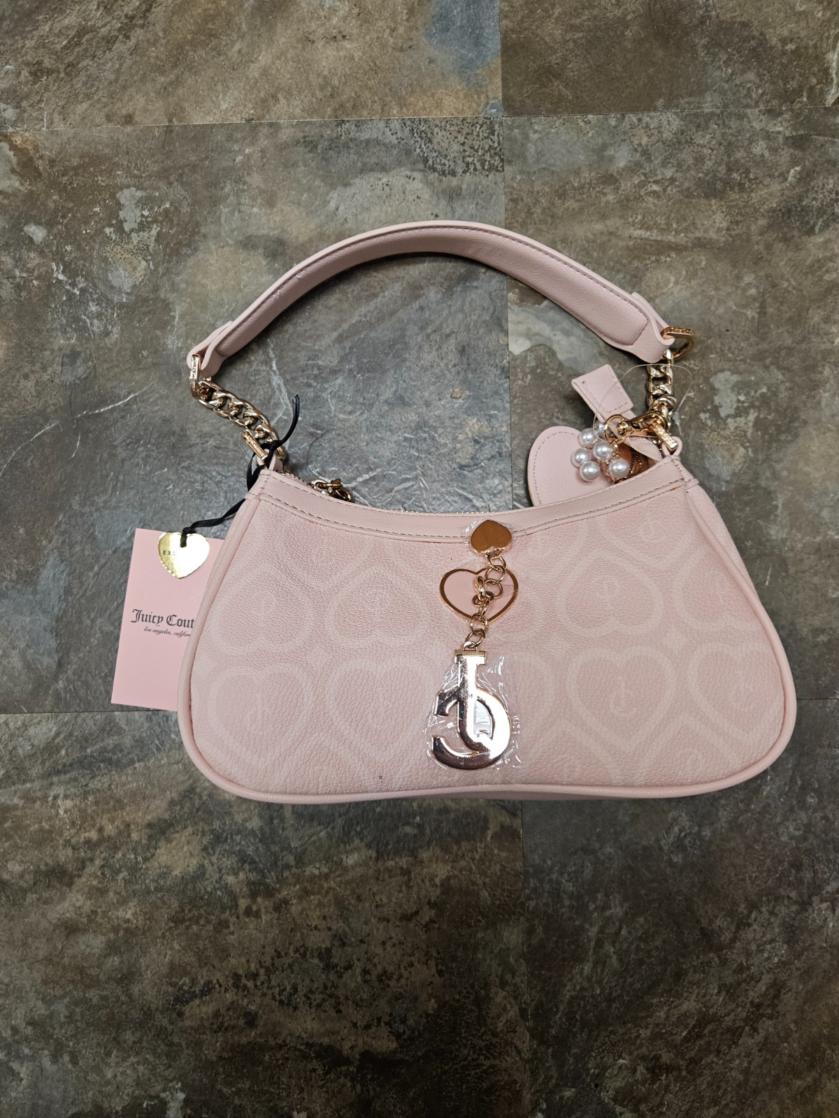 JUICY COUTURE NEW BUBBLE POP SHOULDER BAG HEART PEARL CHARM PINK CLAY