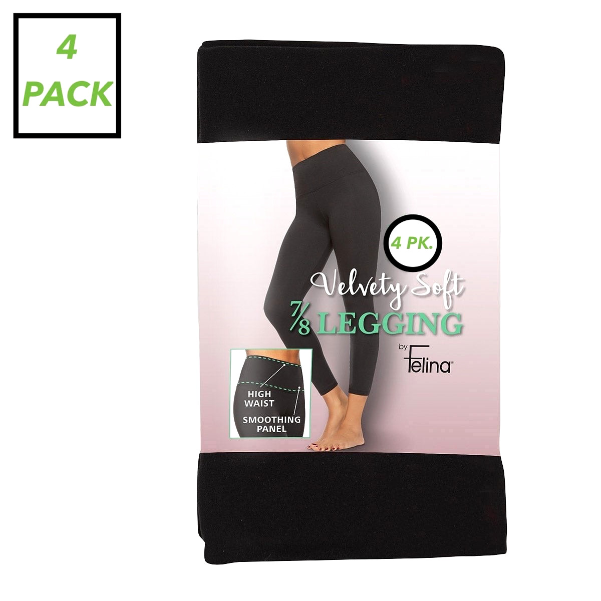 4 PK. FELINA WOMEN’S VELVETY SOFT 7/8 LEGGING, SMALL BLACK -CASUAL, YOGA, TRAVEL