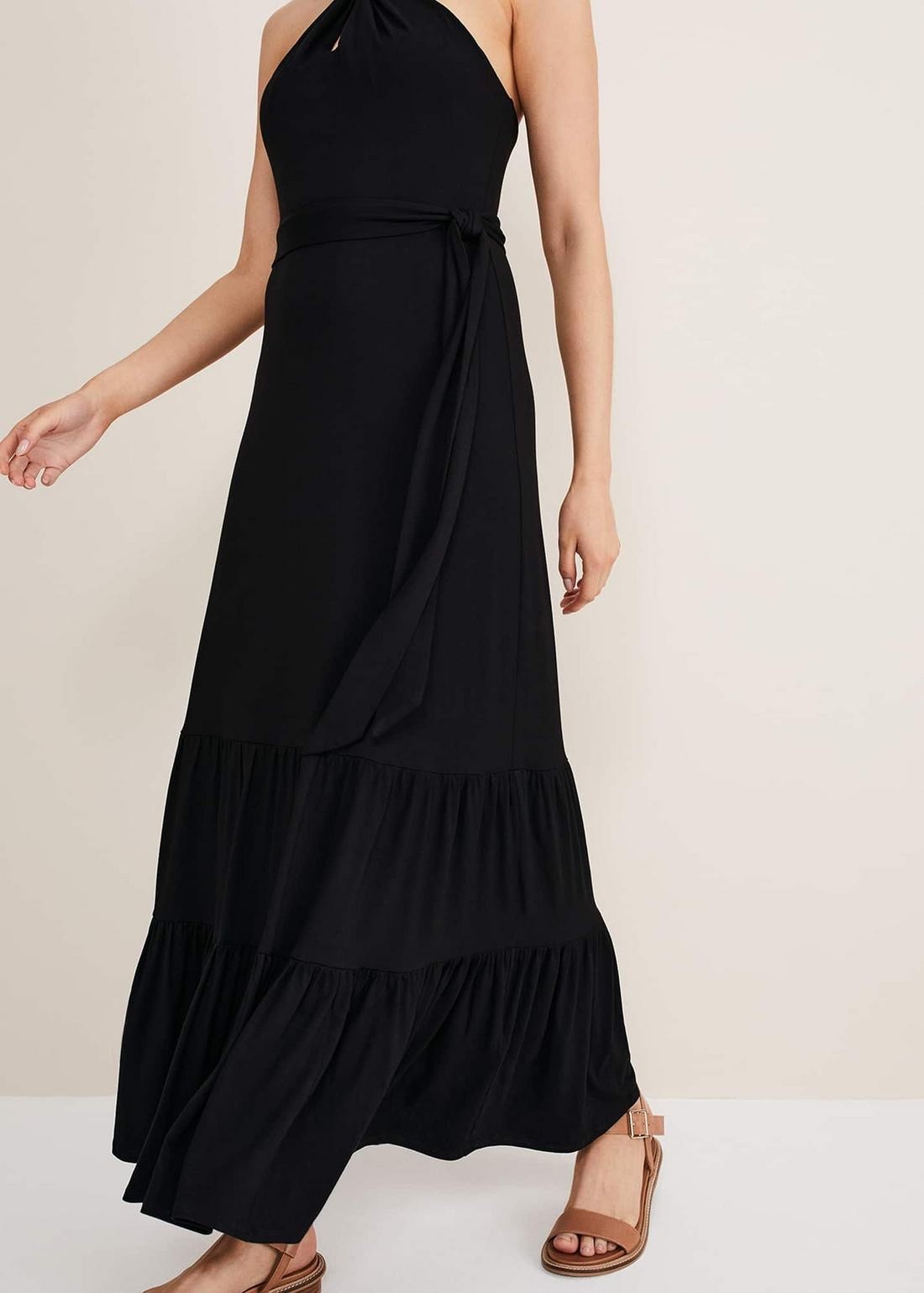 Phase Eight Valeria Halter Neck Maxi Black Dress Jersey Size 16 BNWT