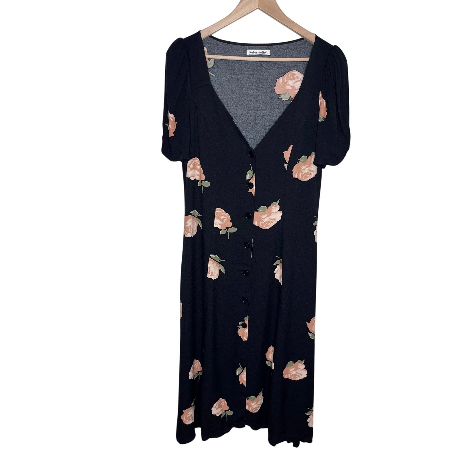 Reformation Britt Midi Dress 8 Black Floral Button Front Puff Sleeve Rayon