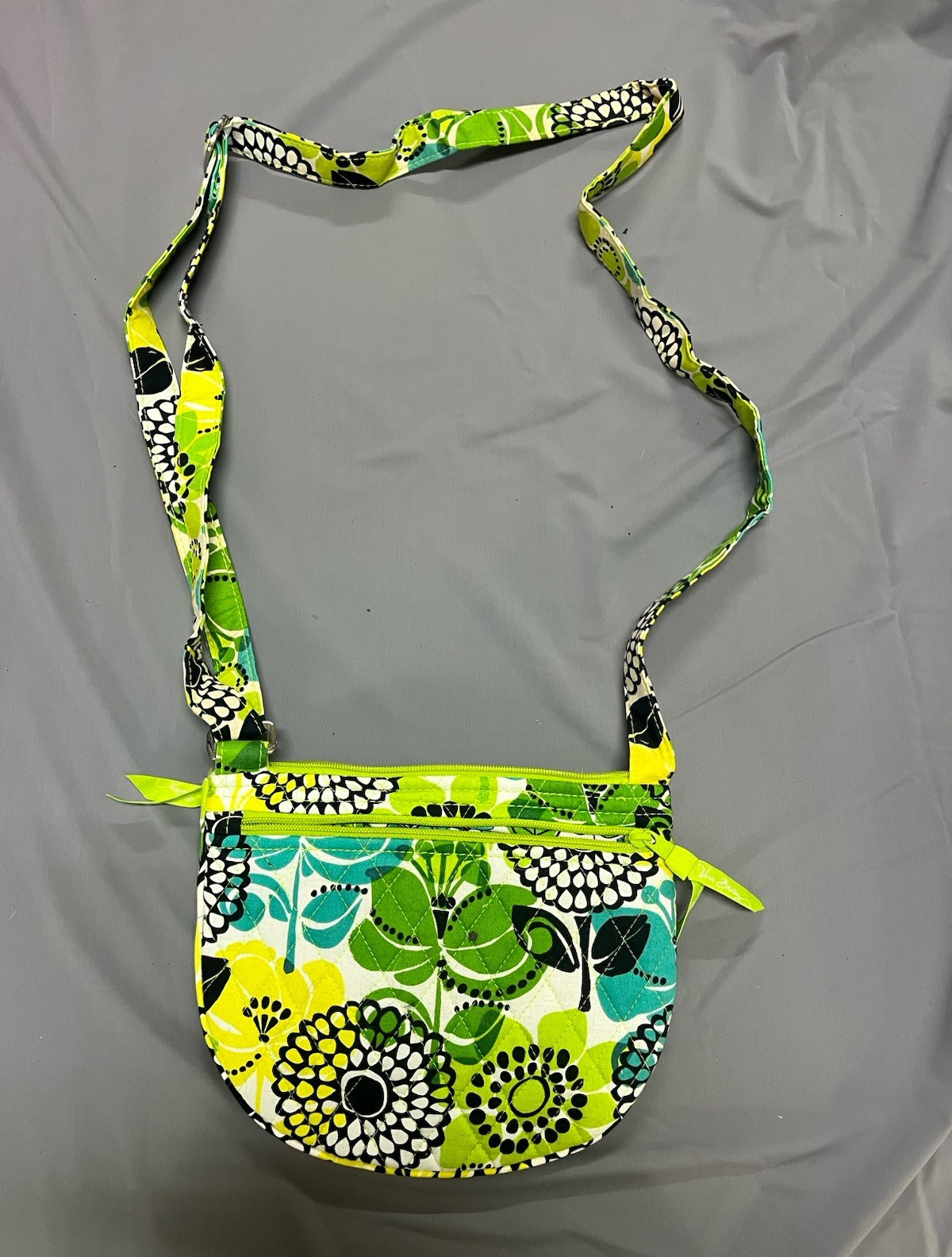 Quilted Green Blue Floral Small Crescent Crossbody Bag Zip Lined Pockets Charm