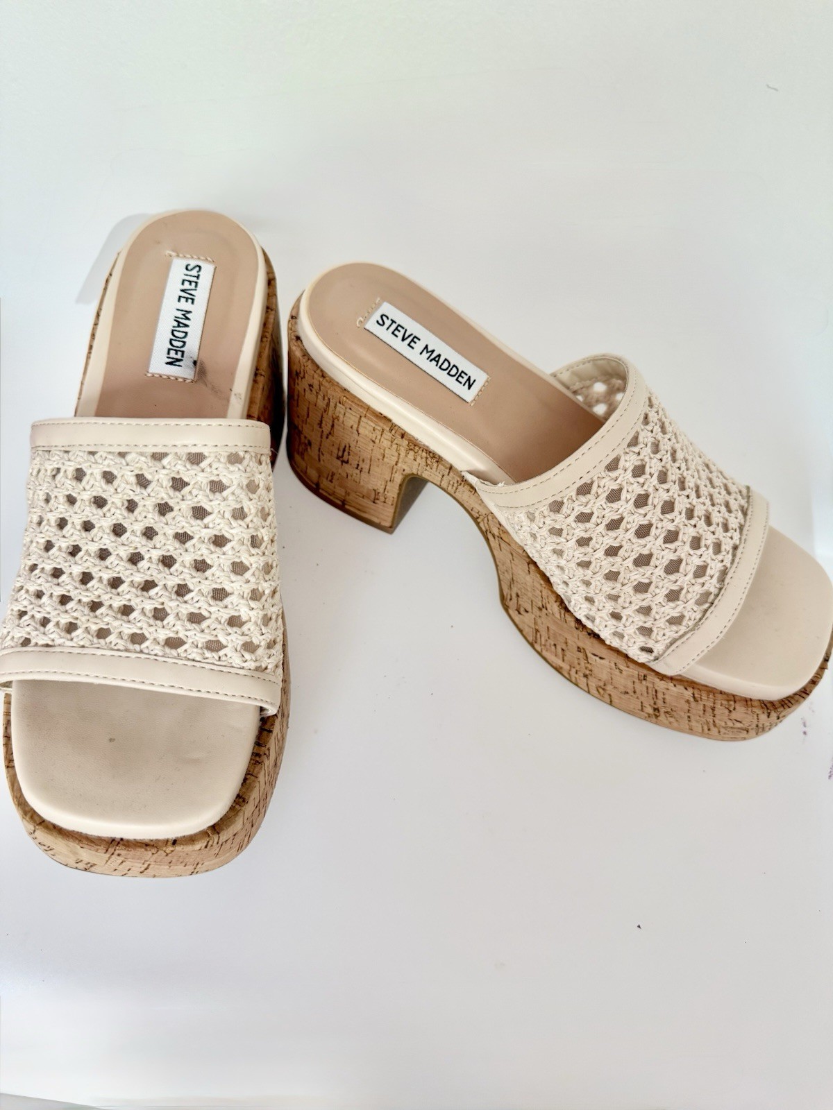 Steve Madden Beige/Tan Crochet Platform Mule Block Heel Open Toe Slip On 6.5