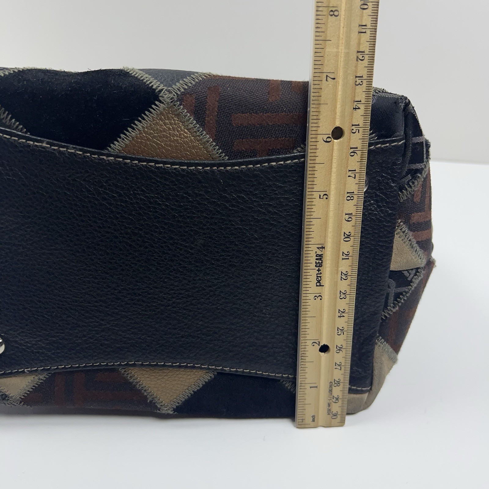 TIGNANELLO Leather Suede Patchwork Shoulder Bag Metallic Silver Buckle Boho Chic