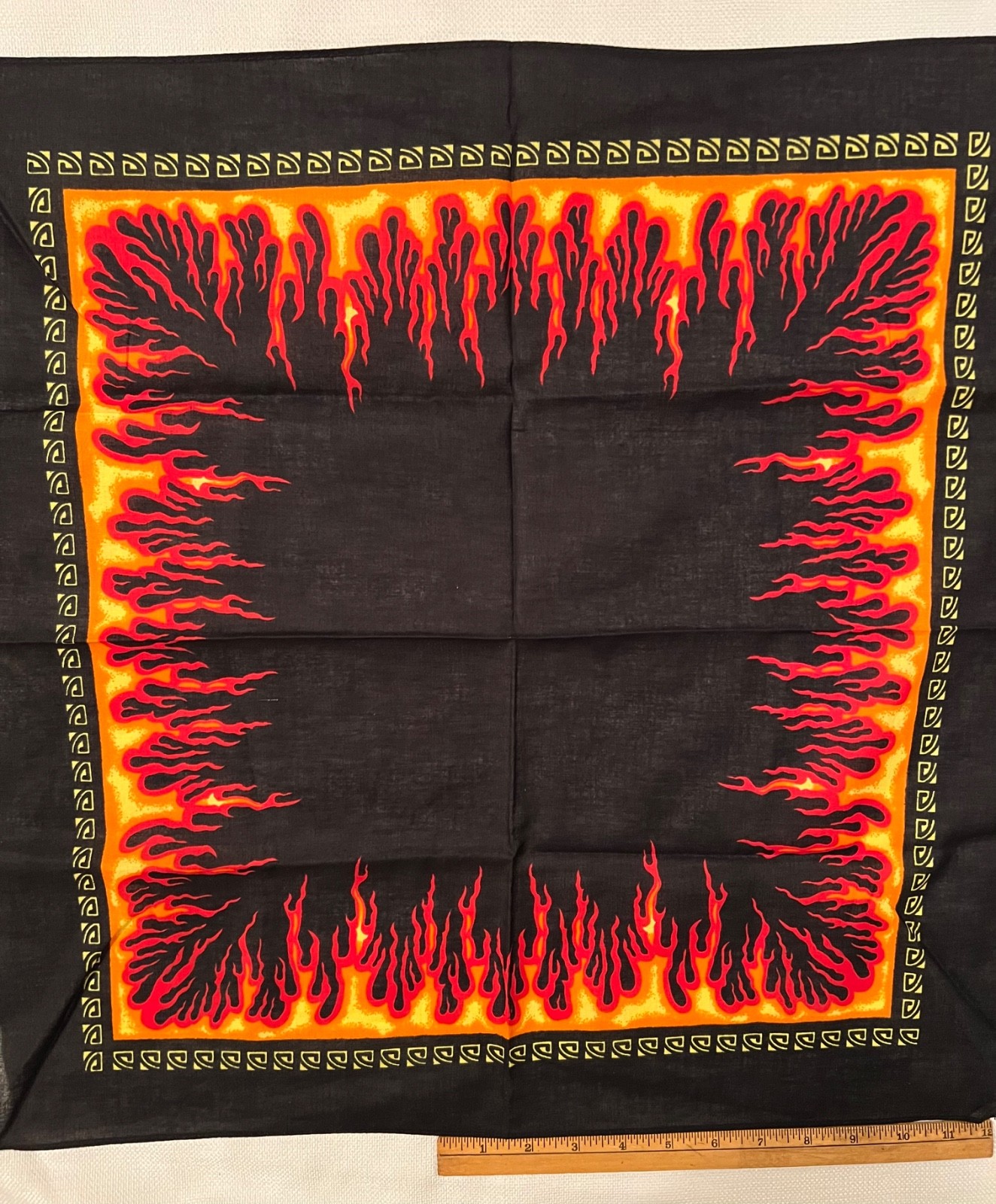 Cotton Bandana Flame Burst Fire Black Red Orange Yellow 21″ x 22″ NOS Never Used