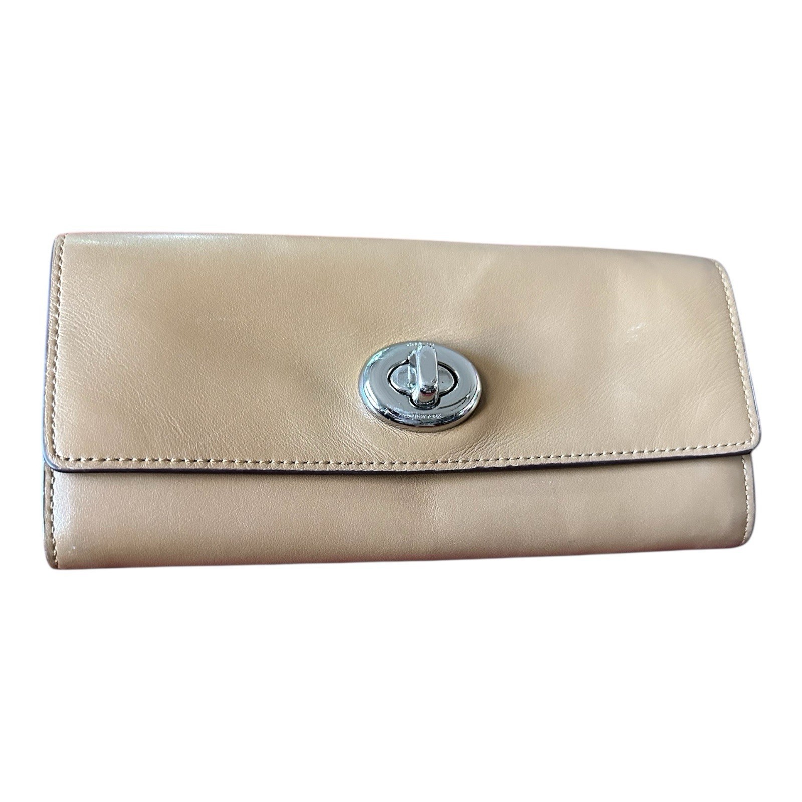 Coach Beige Folding Wallet Turn Lock Zipper Credit Card Slots Women