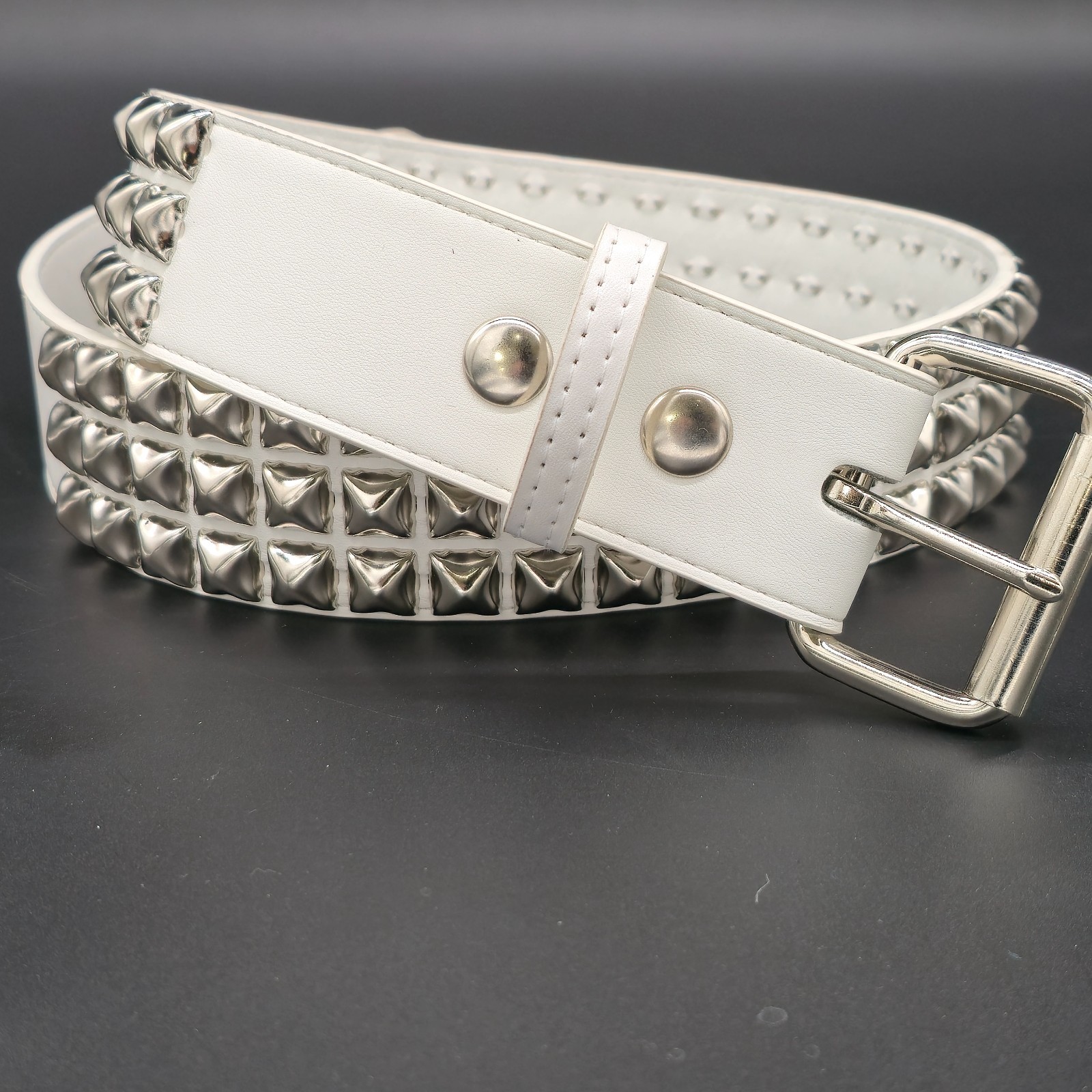 White Vegan Leather Three Row Pyramid Stud Belt Punk Goth Metal Funk Plus
